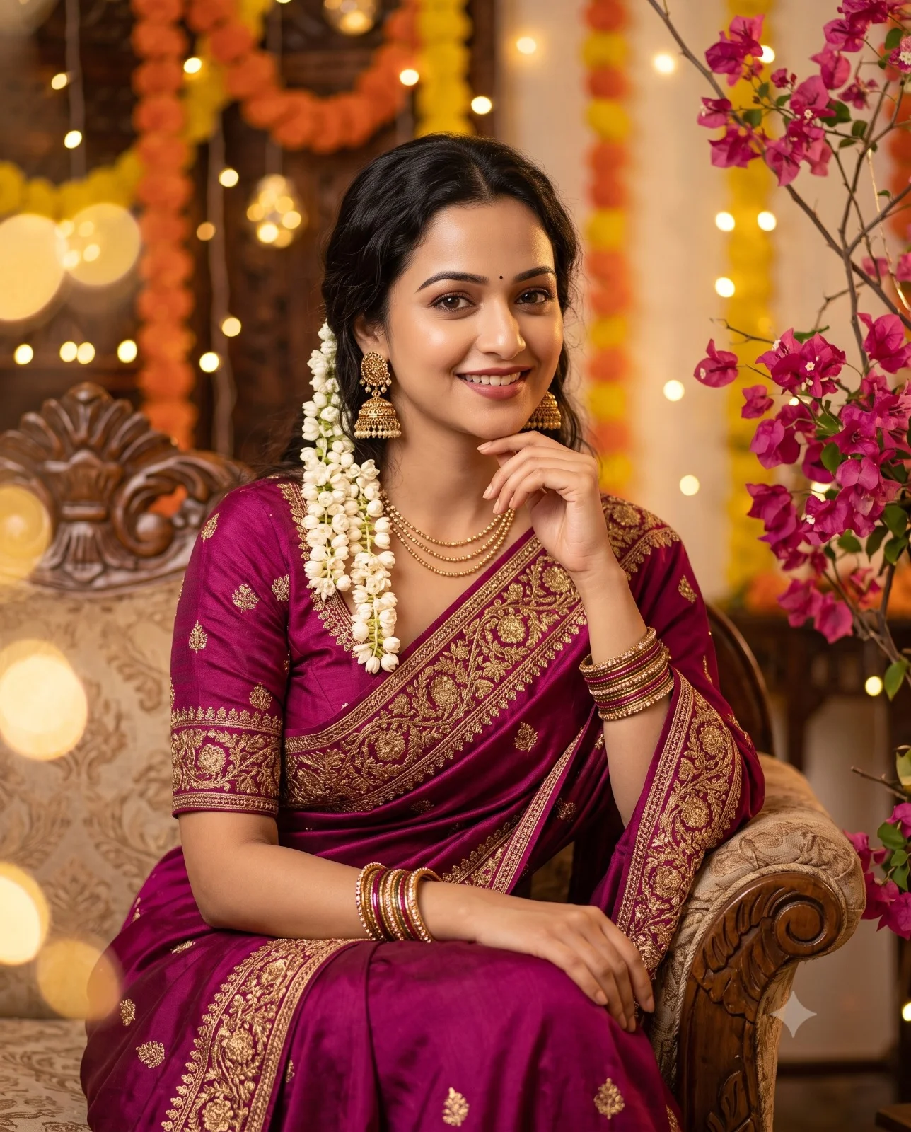 Woman in a magenta silk saree with gold embroidery seated among festive flowers and lights