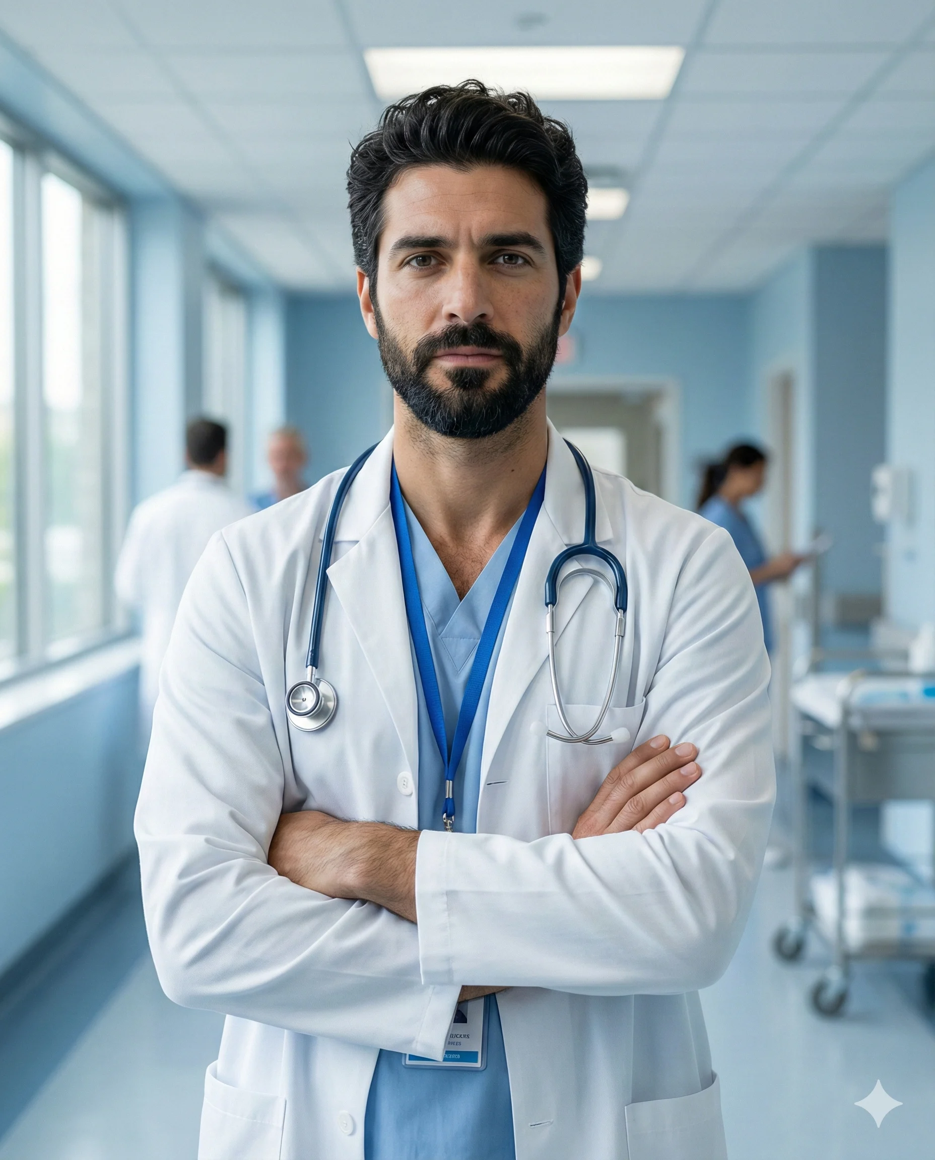 Male doctor in a white coat and blue scrubs standing with crossed arms in a hospital corridor