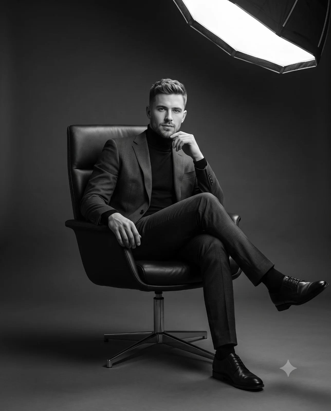 Suited man seated in a black swivel chair beneath a visible octagonal studio softbox