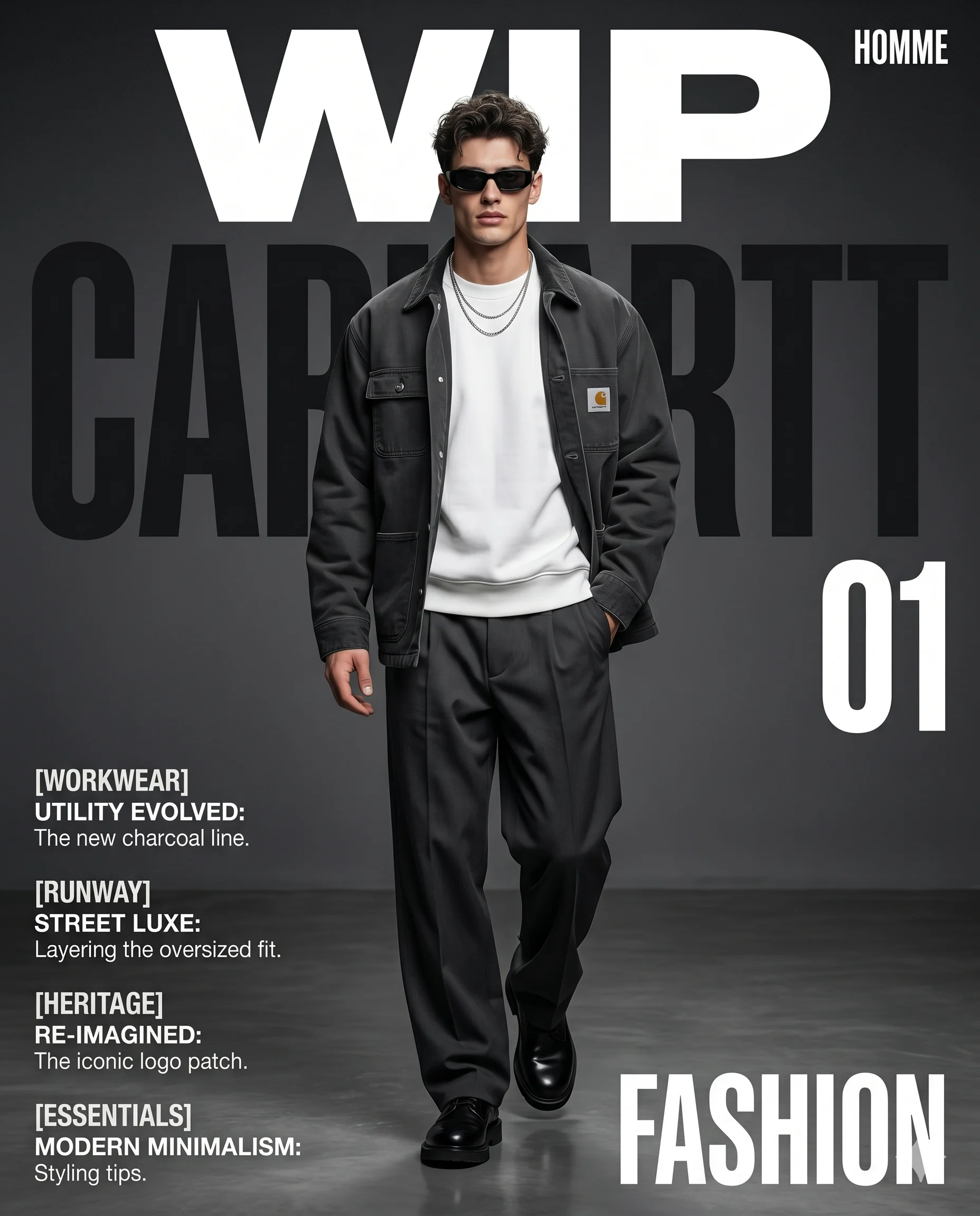 Male model walking in charcoal workwear on a dark magazine cover with bold white typography