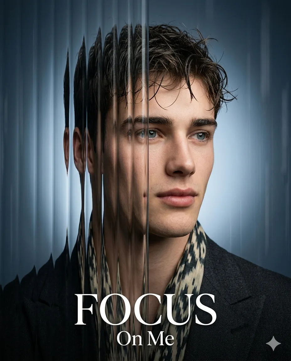 Male fashion portrait refracted through vertical liquid-glass ripples with FOCUS typography
