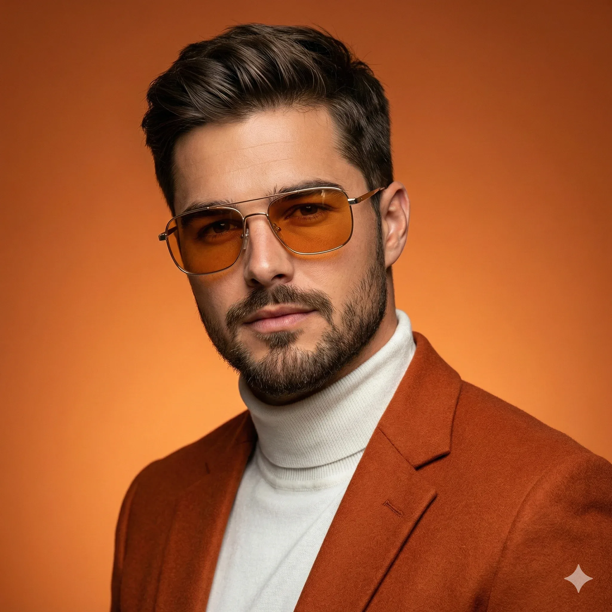 Man in a burnt-orange blazer and orange-tinted aviator sunglasses against an orange gradient