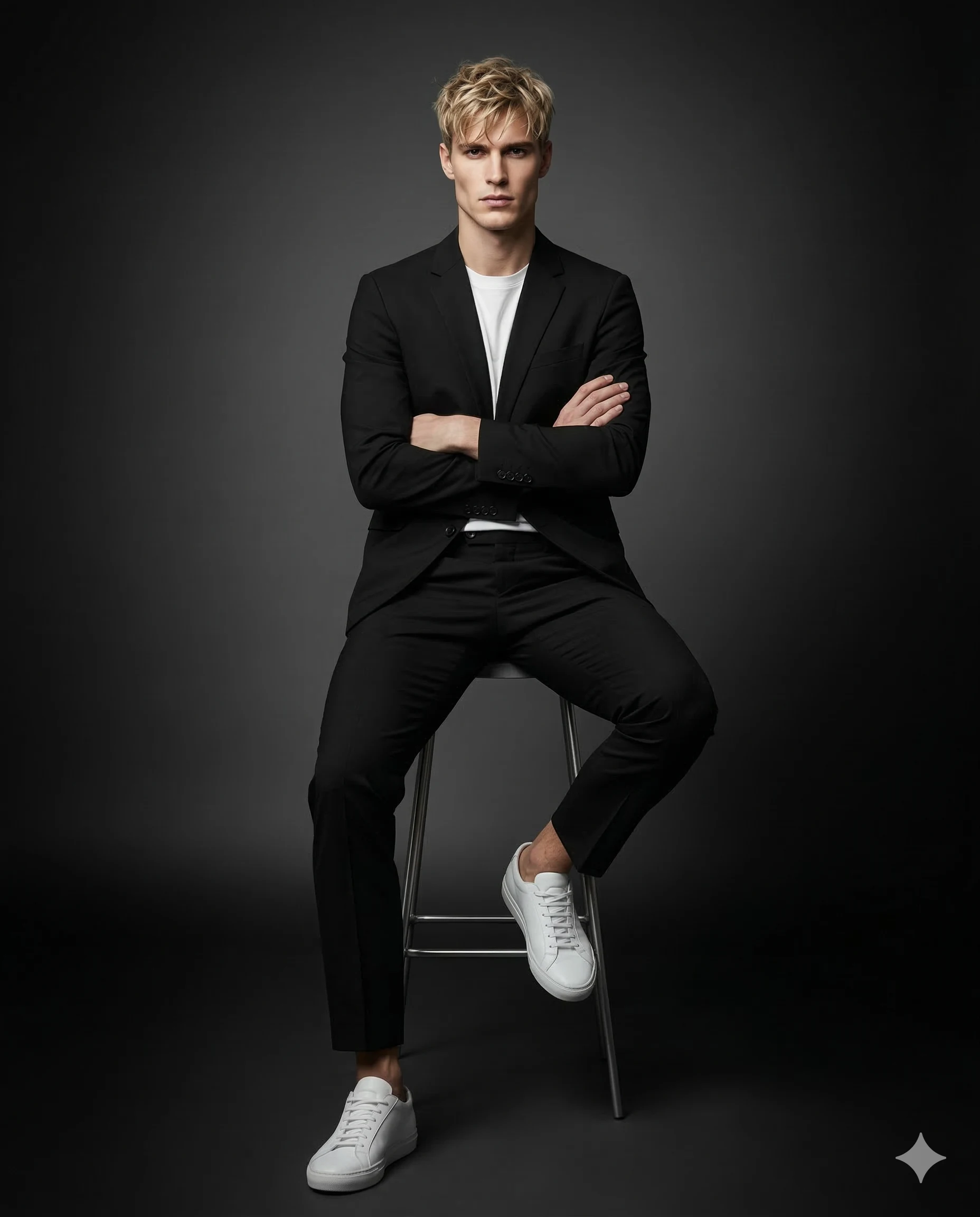 Man in a black suit and white sneakers seated with folded arms on a silver studio stool