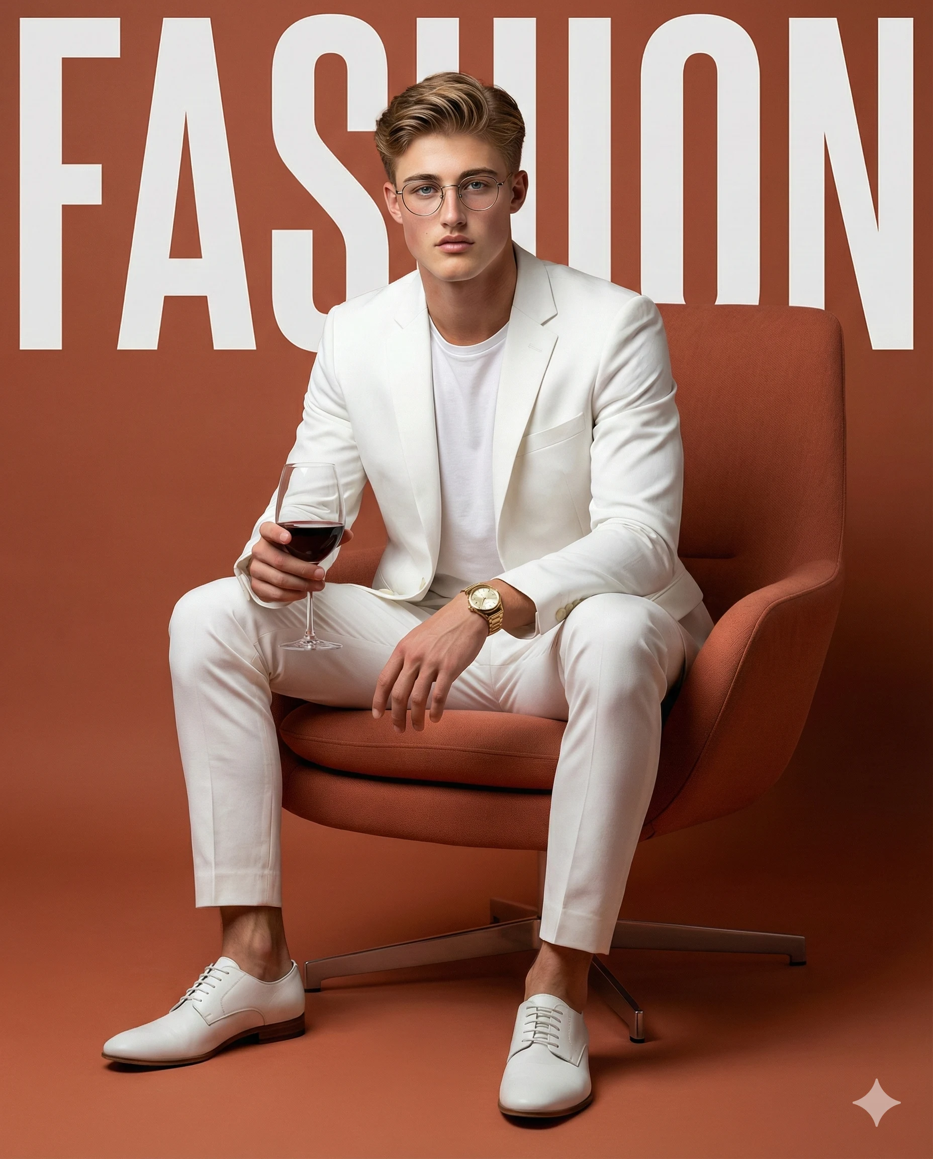 Male model in a white suit holding red wine in a terracotta fashion studio