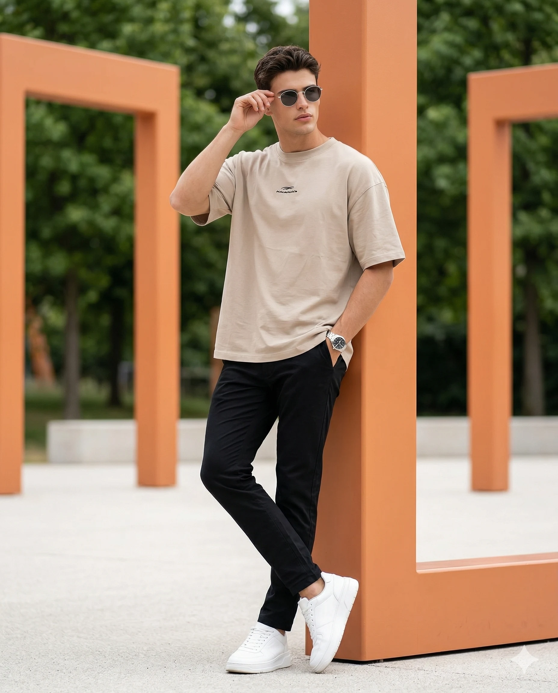 Man in beige streetwear adjusting sunglasses beside orange pillars