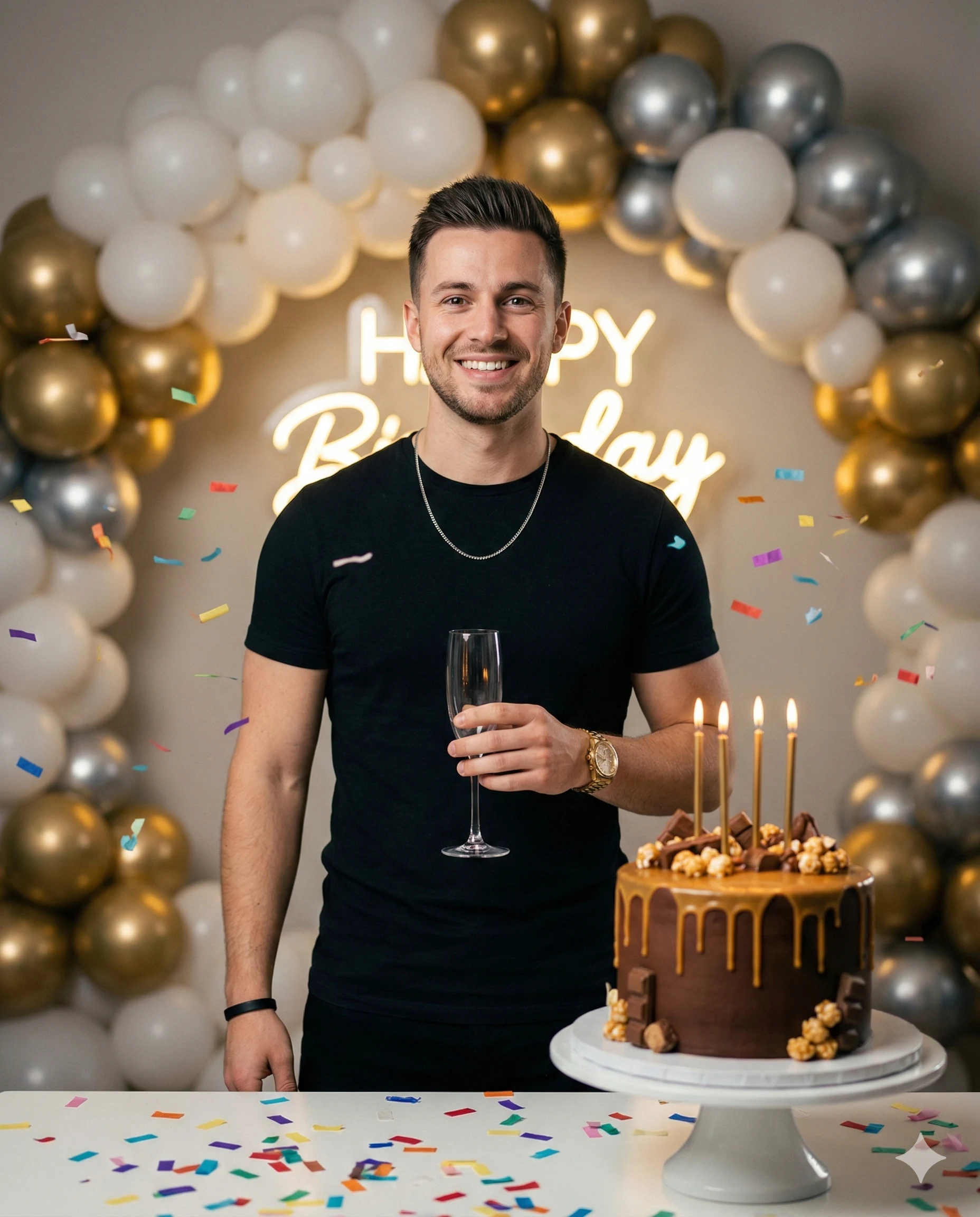Smiling man with champagne beside a chocolate birthday cake and balloons