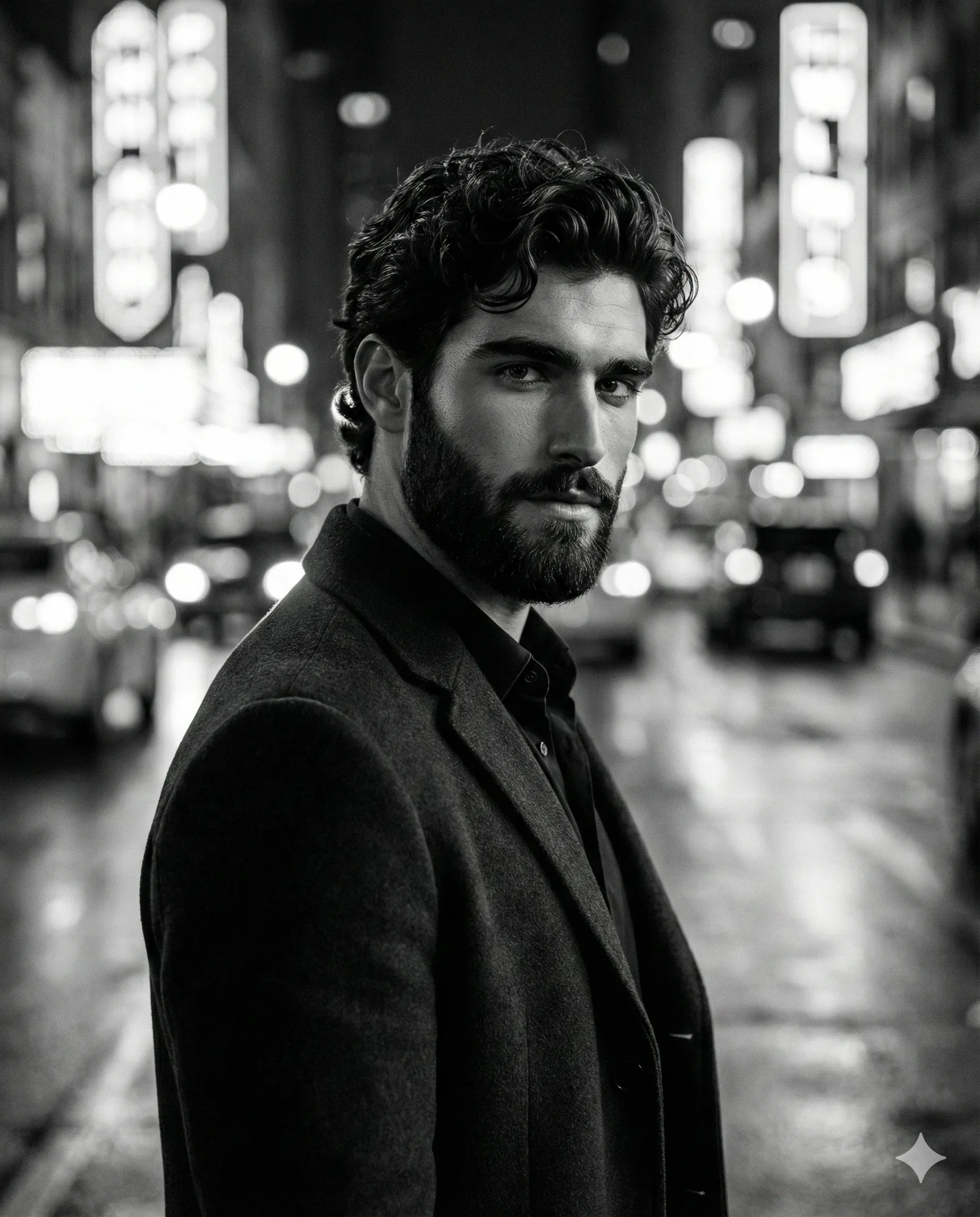 Bearded man in a dark overcoat on a blurred city street at night
