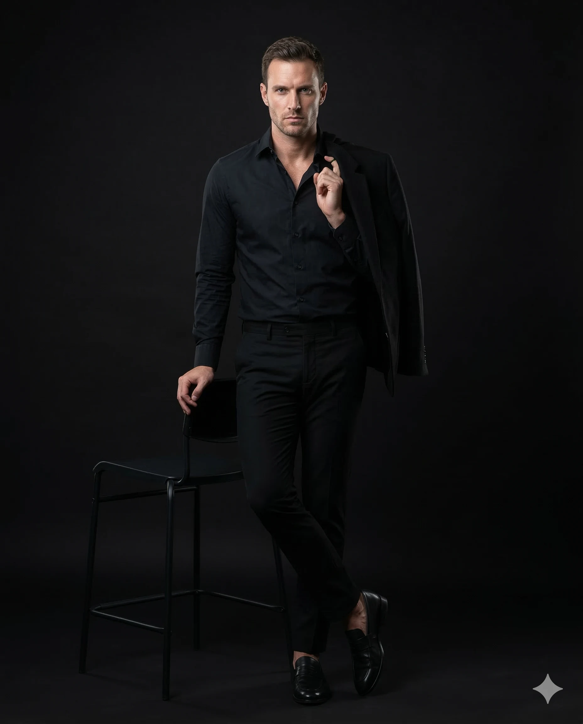 Man dressed in black posing beside a chair in a dark studio
