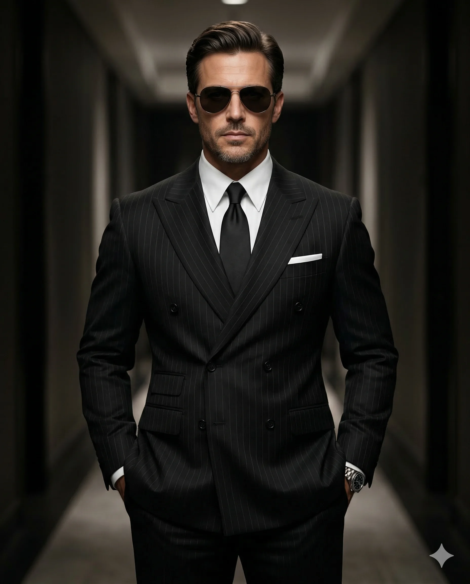 Man in sunglasses wearing a black pinstripe double-breasted suit