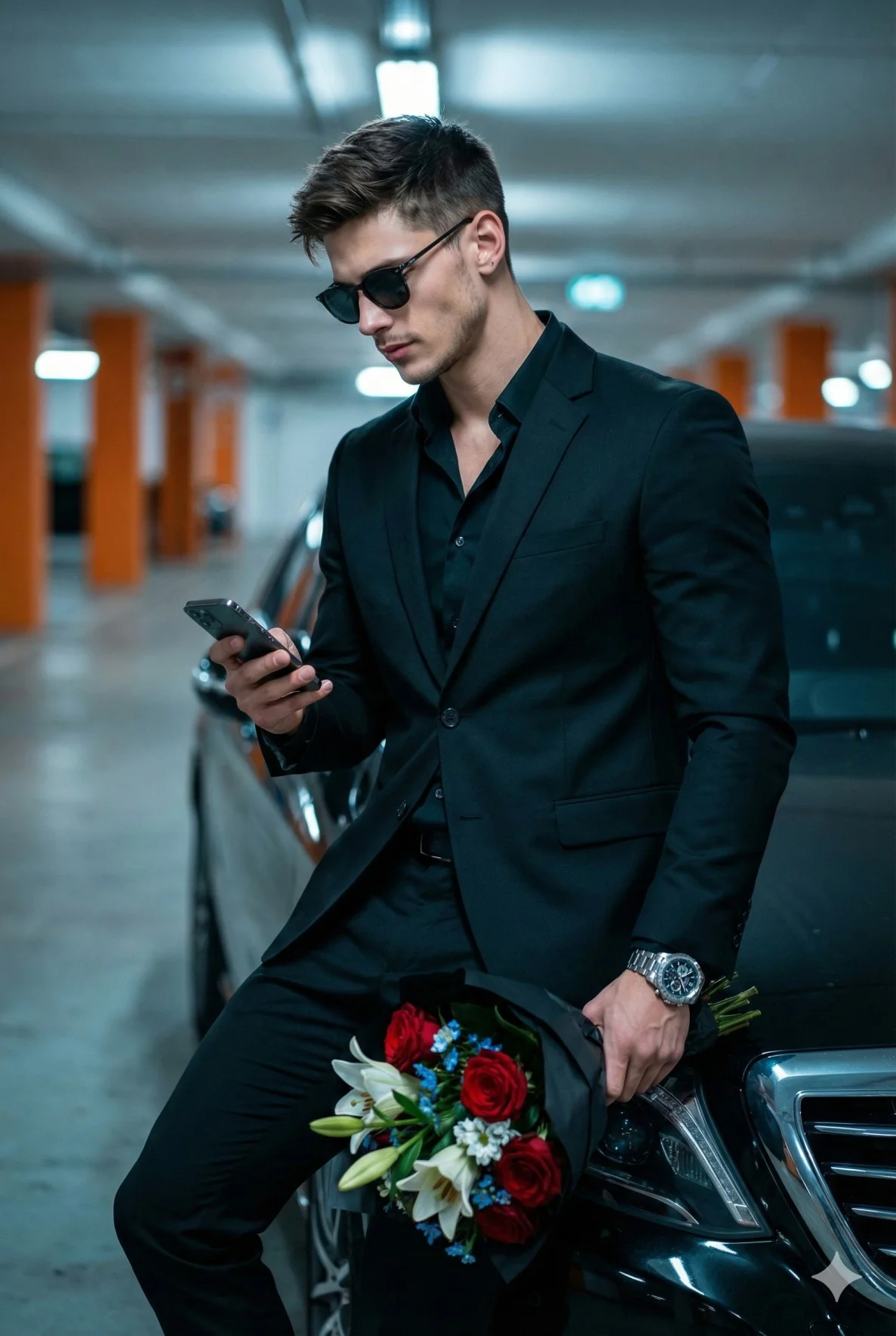 Man in a black suit holding red and white roses beside a car