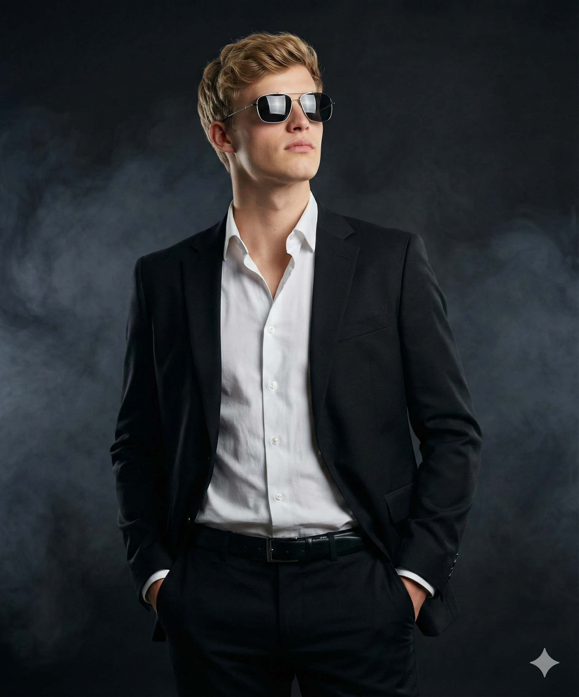 Man in a black suit and sunglasses against a smoky dark background