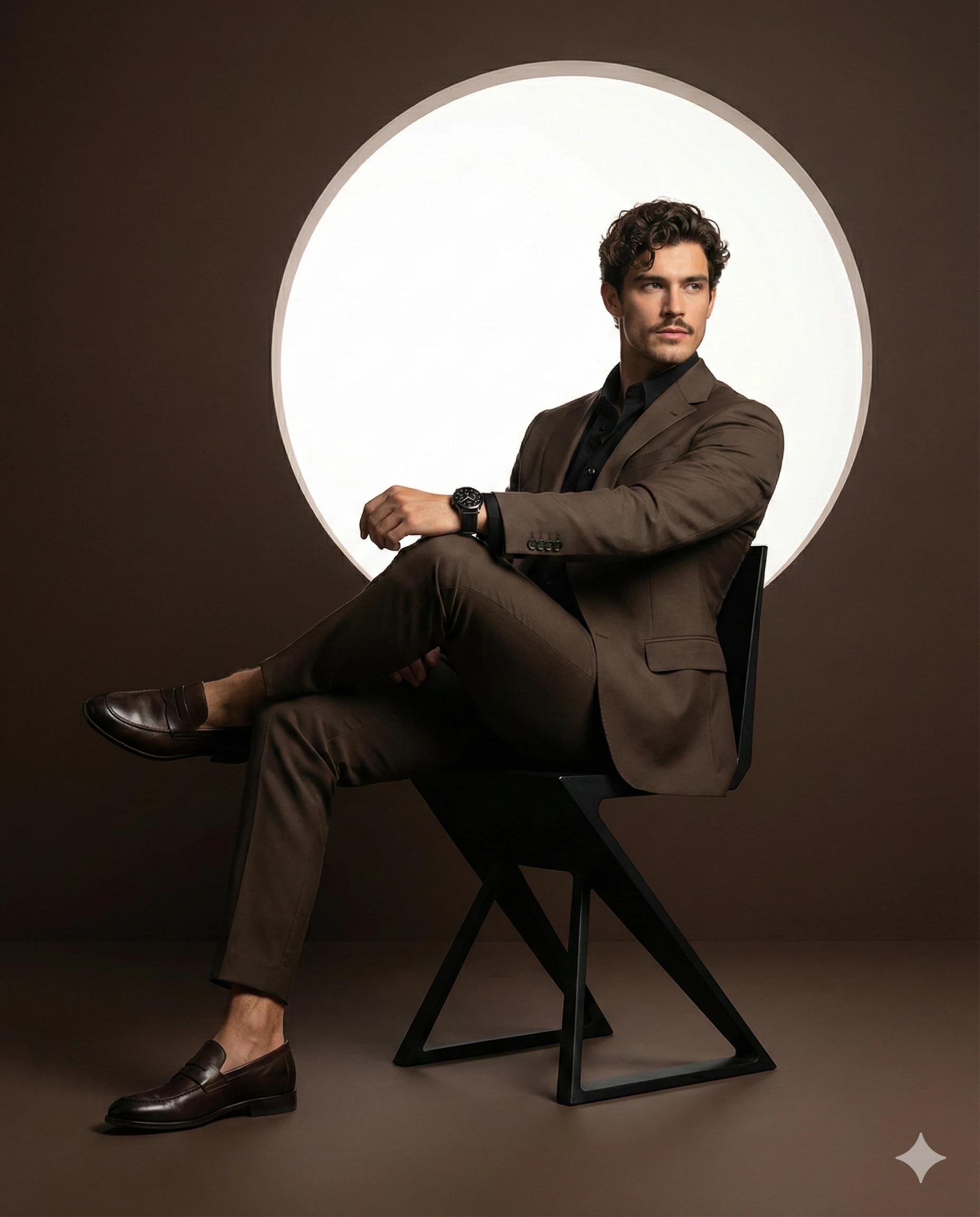 Man in a brown suit seated in front of a circular white studio light