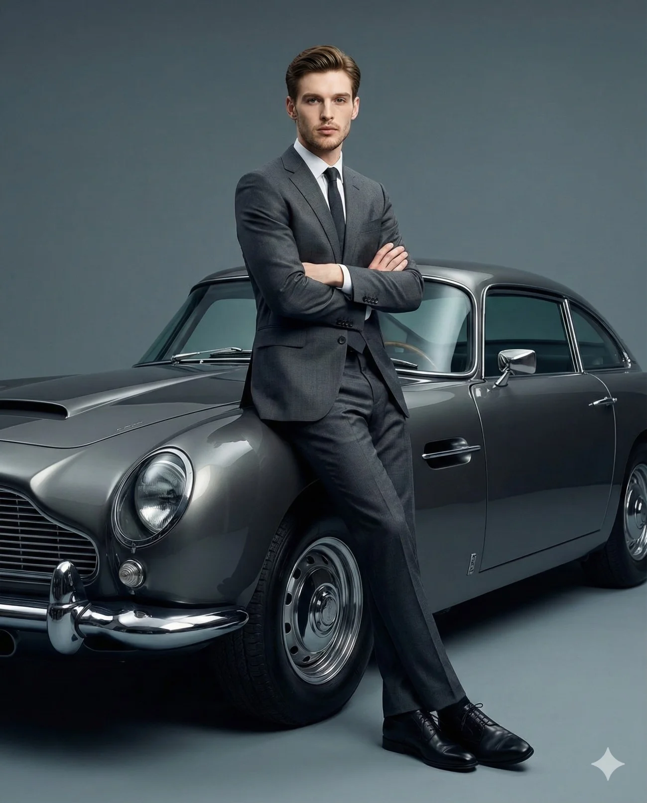 Man in a charcoal suit leaning against a classic gray sports car