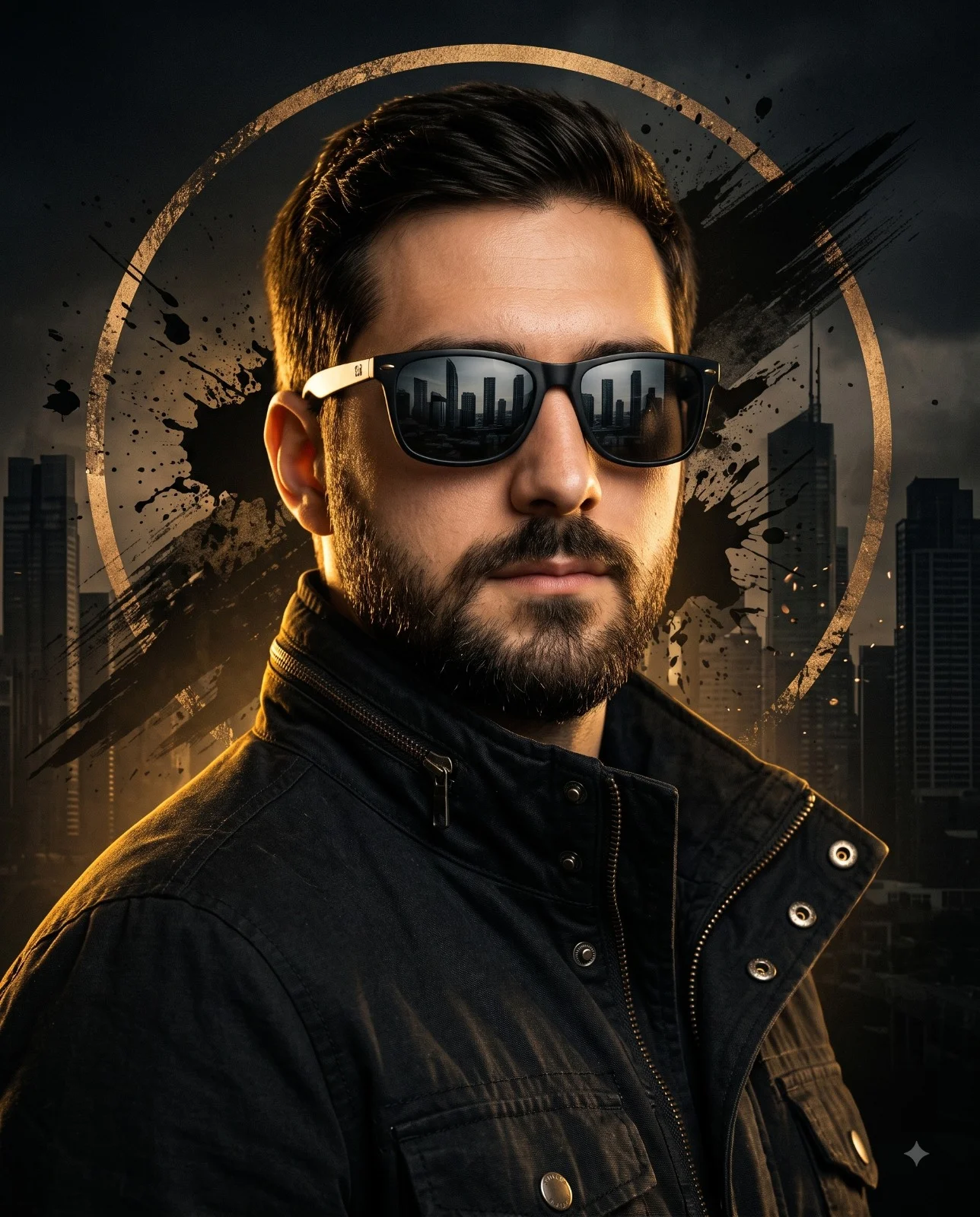 Bearded man wearing sunglasses with a city reflection and gold circle design