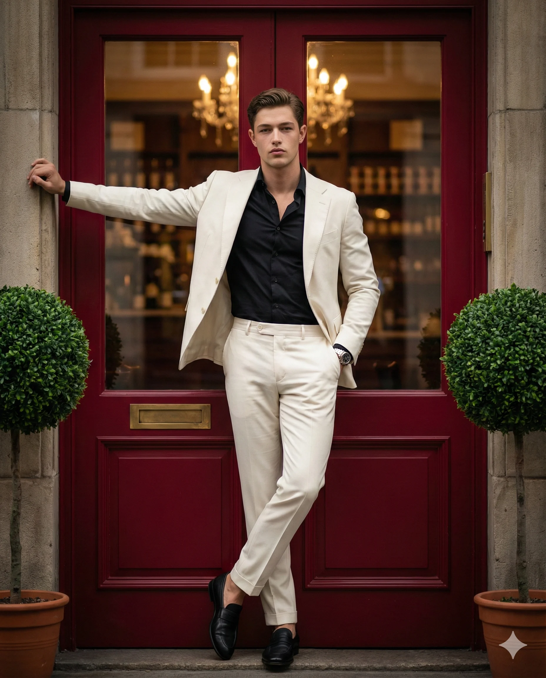 Man in a cream suit and black shirt posing between two topiary shrubs at a red doorway