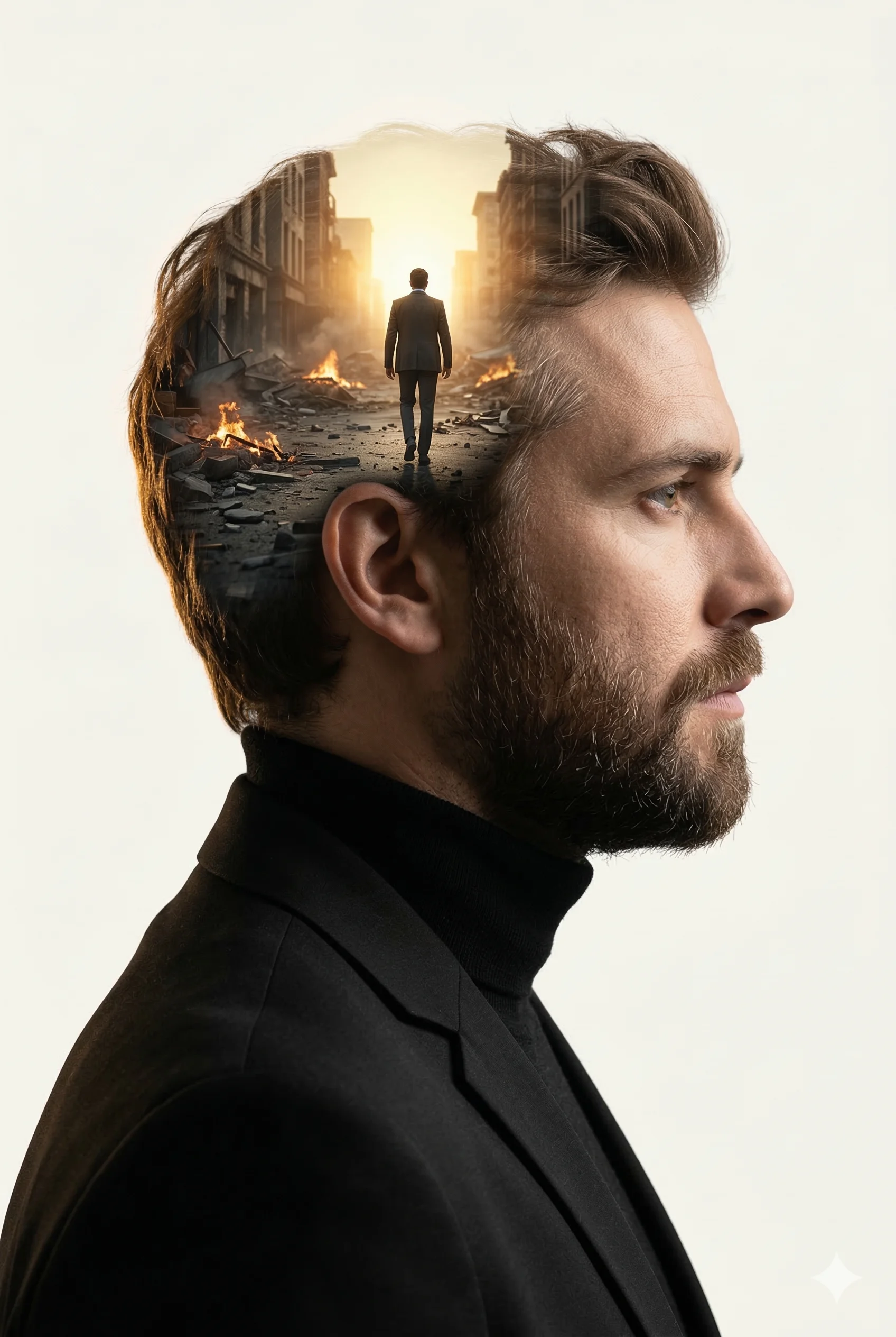 Side-profile man with a burning ruined city and lone figure blended into his head