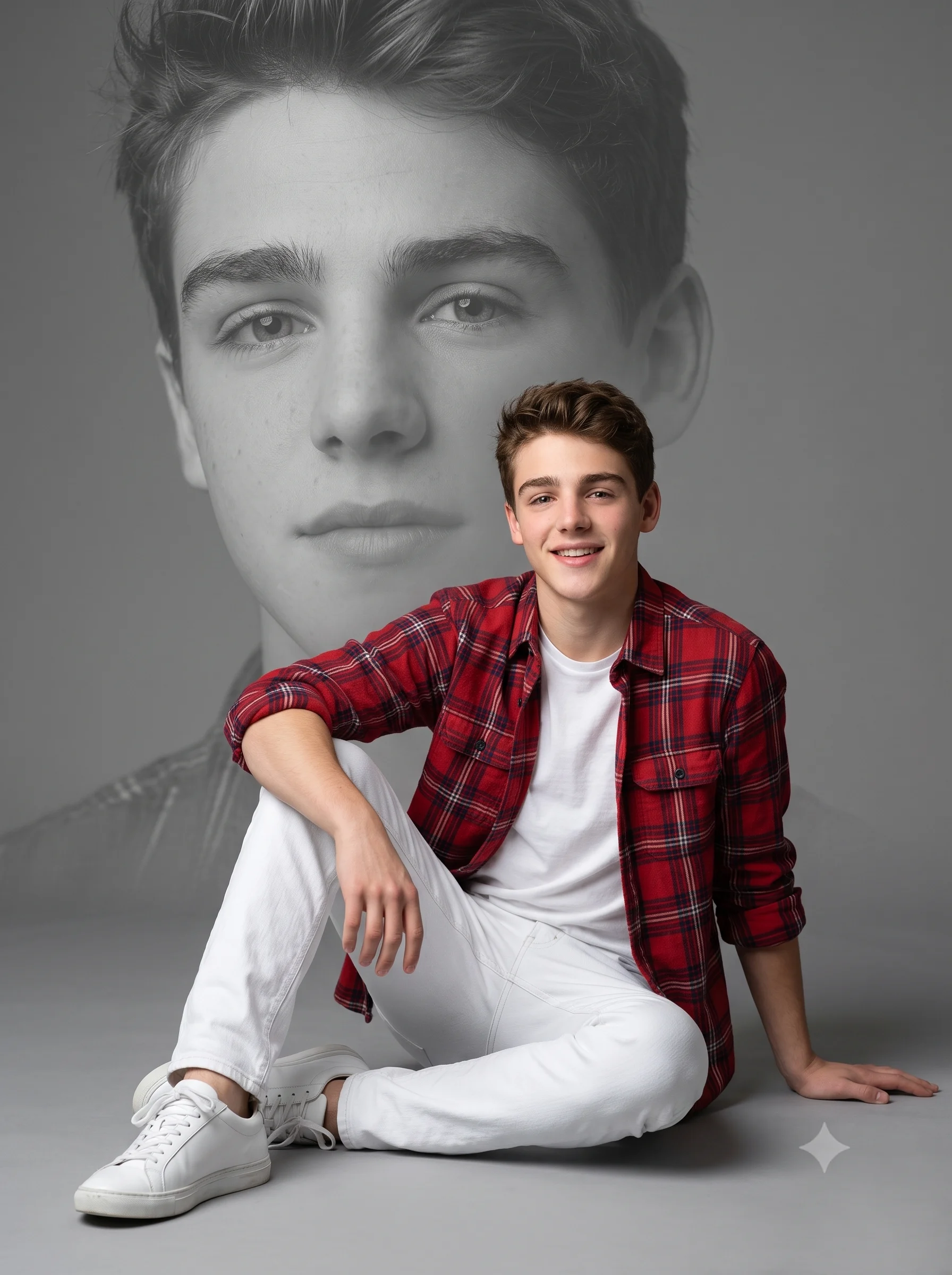 Smiling young man in red plaid seated before a large monochrome portrait of his face