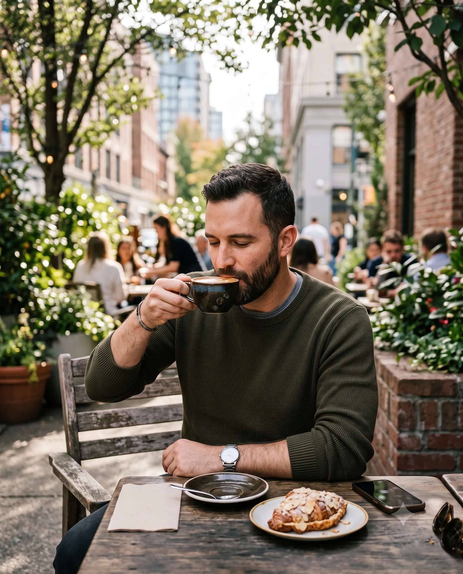 Bearded man drinking coffee at an outdoor cafe table with a pastry and phone