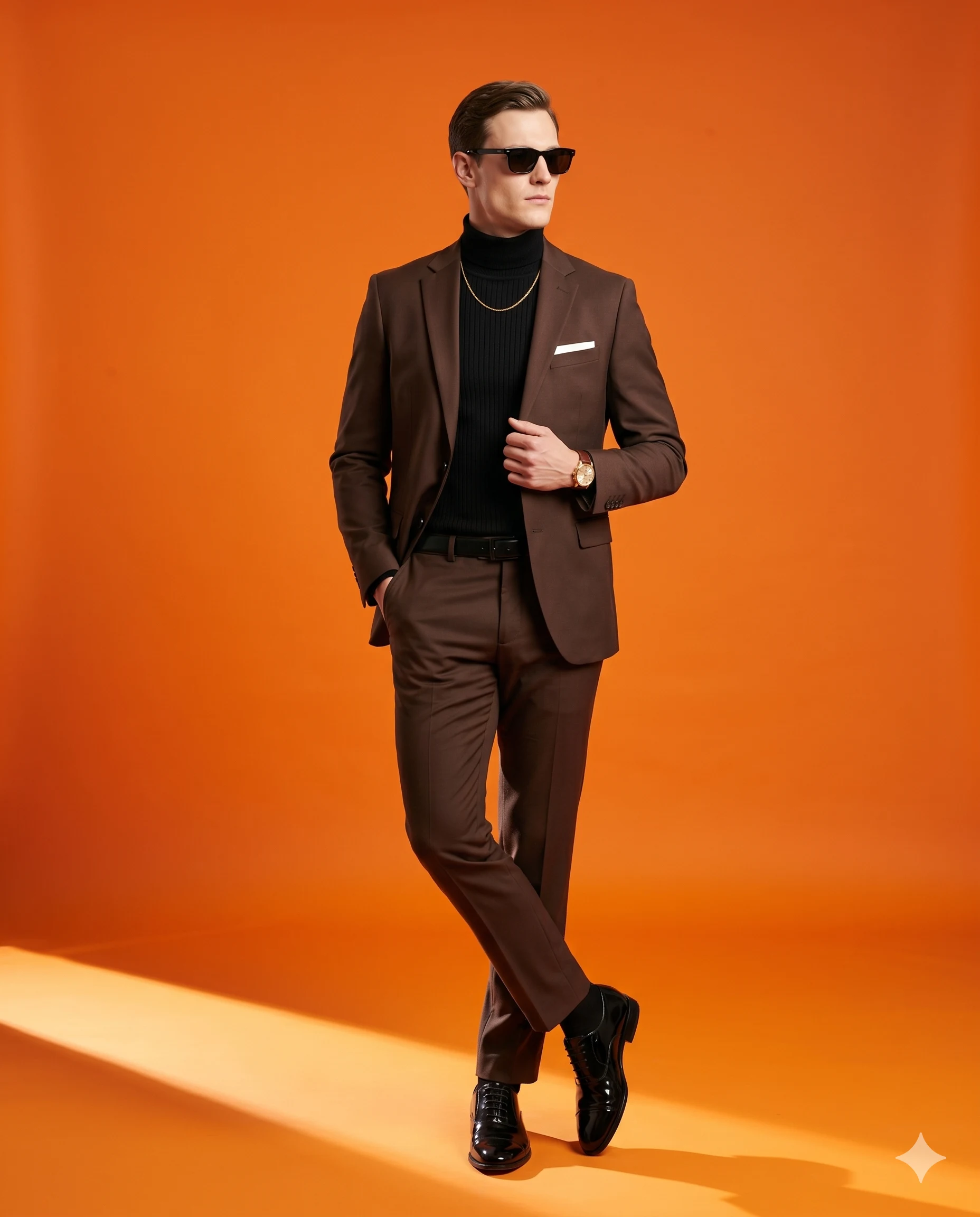 Man in a brown suit and sunglasses posing under diagonal light on an orange studio set