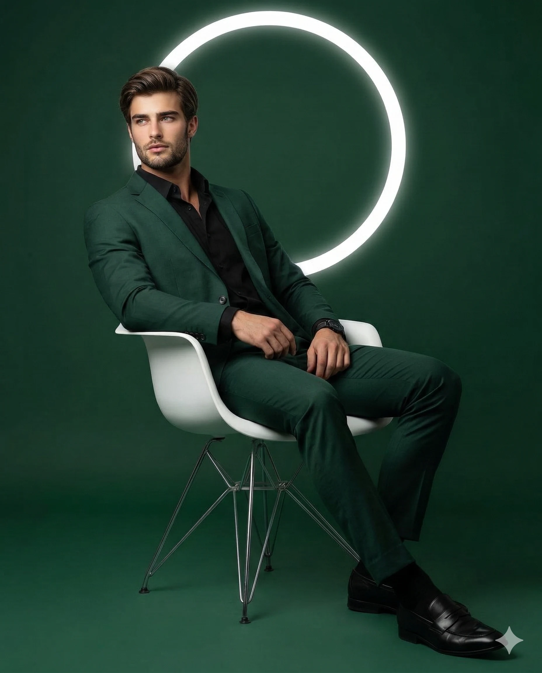 Man in a forest-green suit seated on a white chair before a glowing circular ring