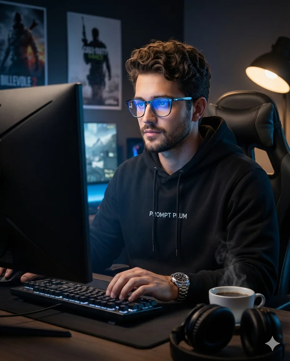 Focused man in glasses and a black hoodie typing at a blue-lit gaming computer