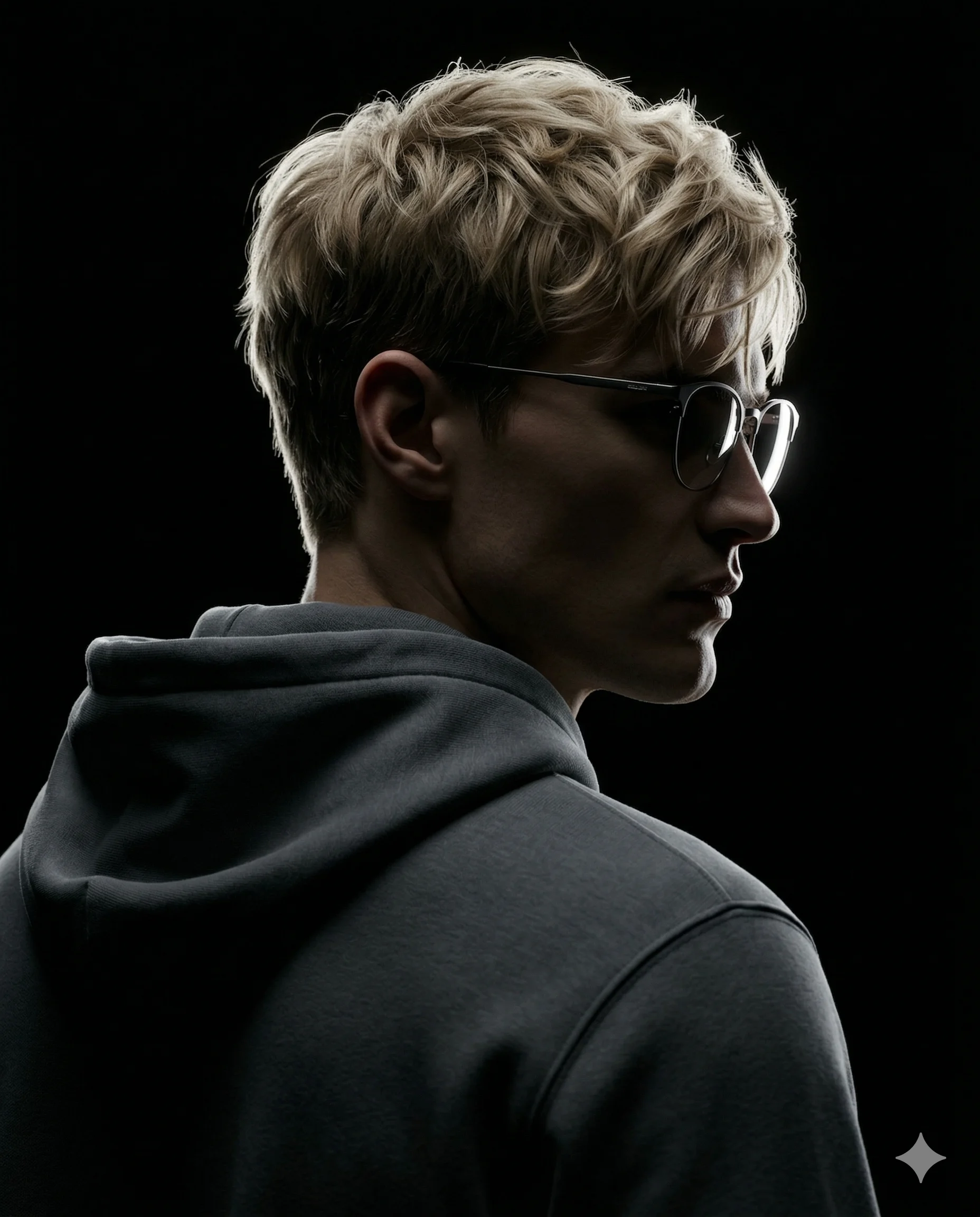 Blond man in round glasses and a gray hoodie outlined by white rim light against black