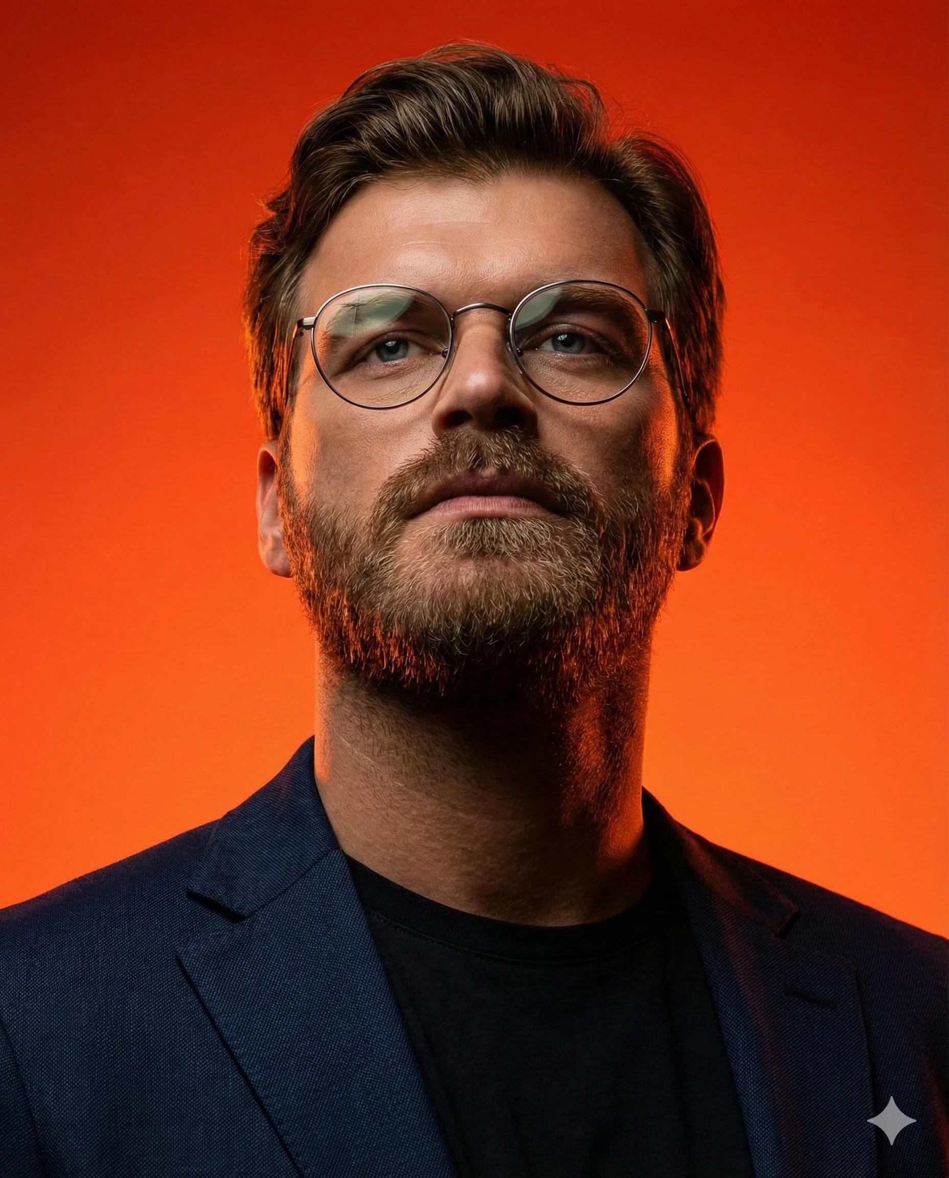 Low-angle portrait of a bearded man in round glasses and navy jacket against orange