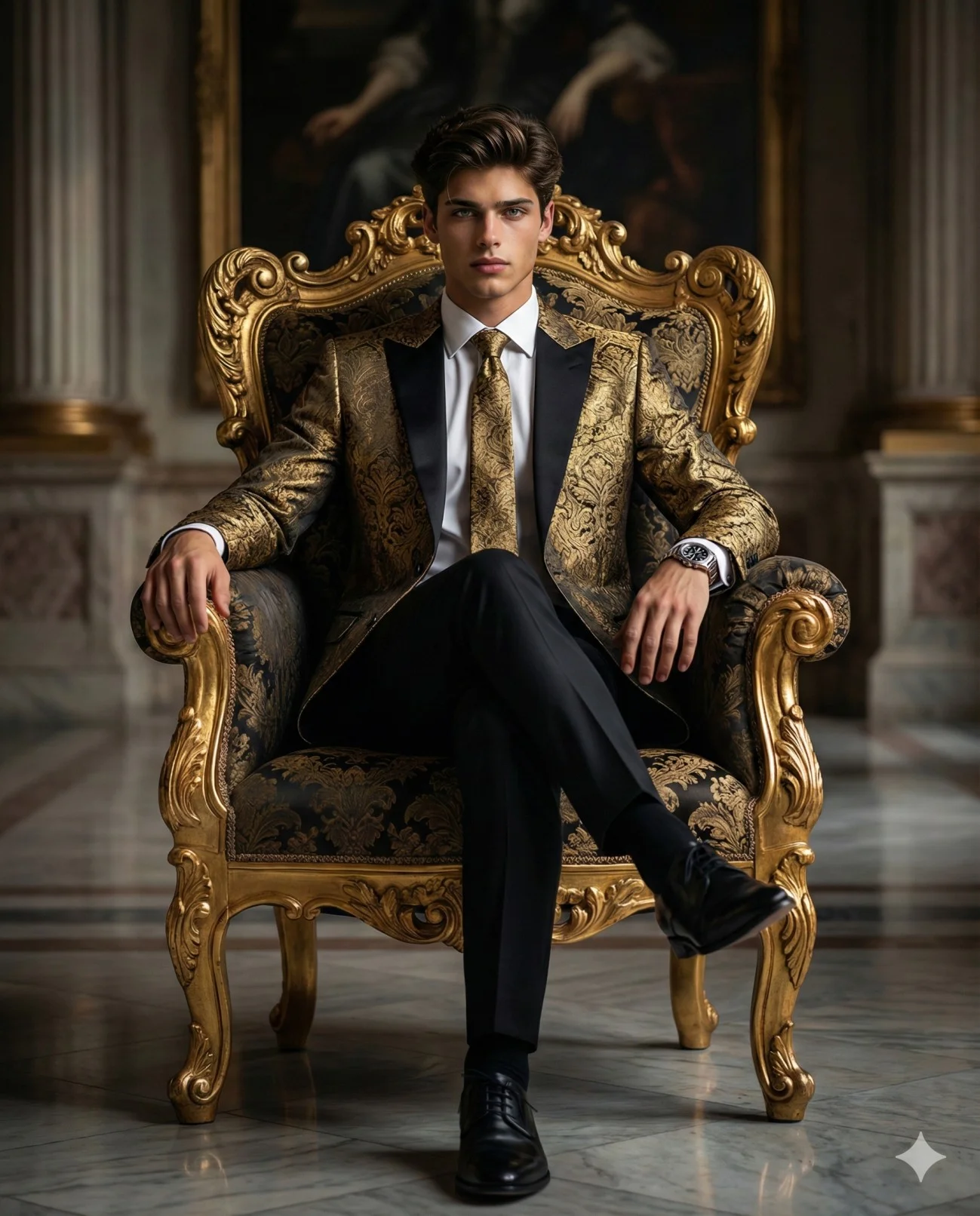 Man in a gold brocade blazer seated on an ornate gilded throne inside a palace