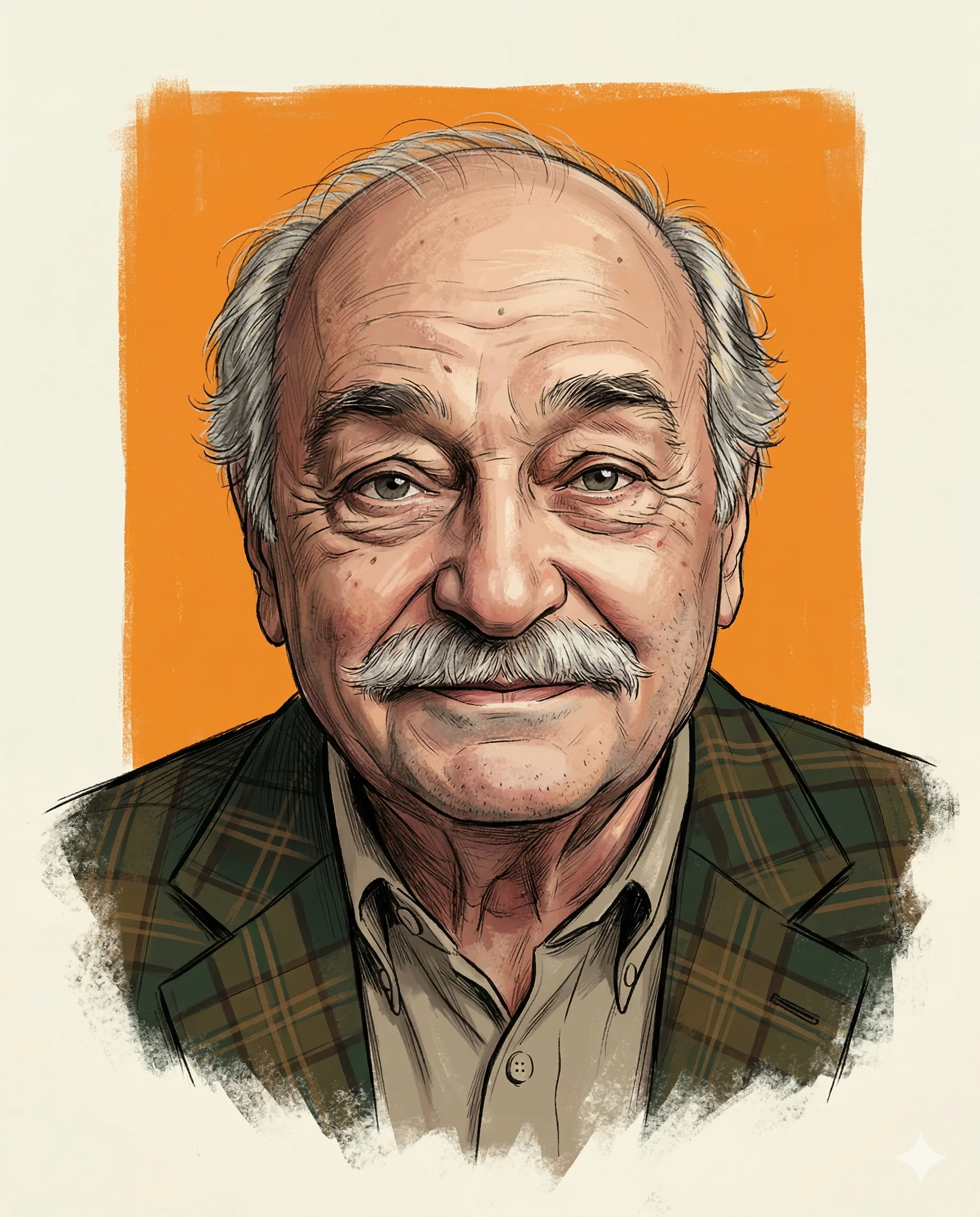 Older man in a green plaid jacket illustrated against a rough orange square