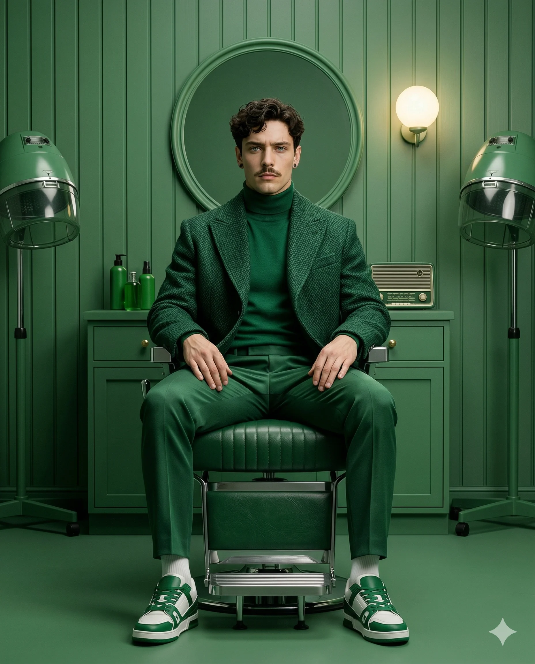 Man in an emerald suit seated in a matching green vintage barbershop