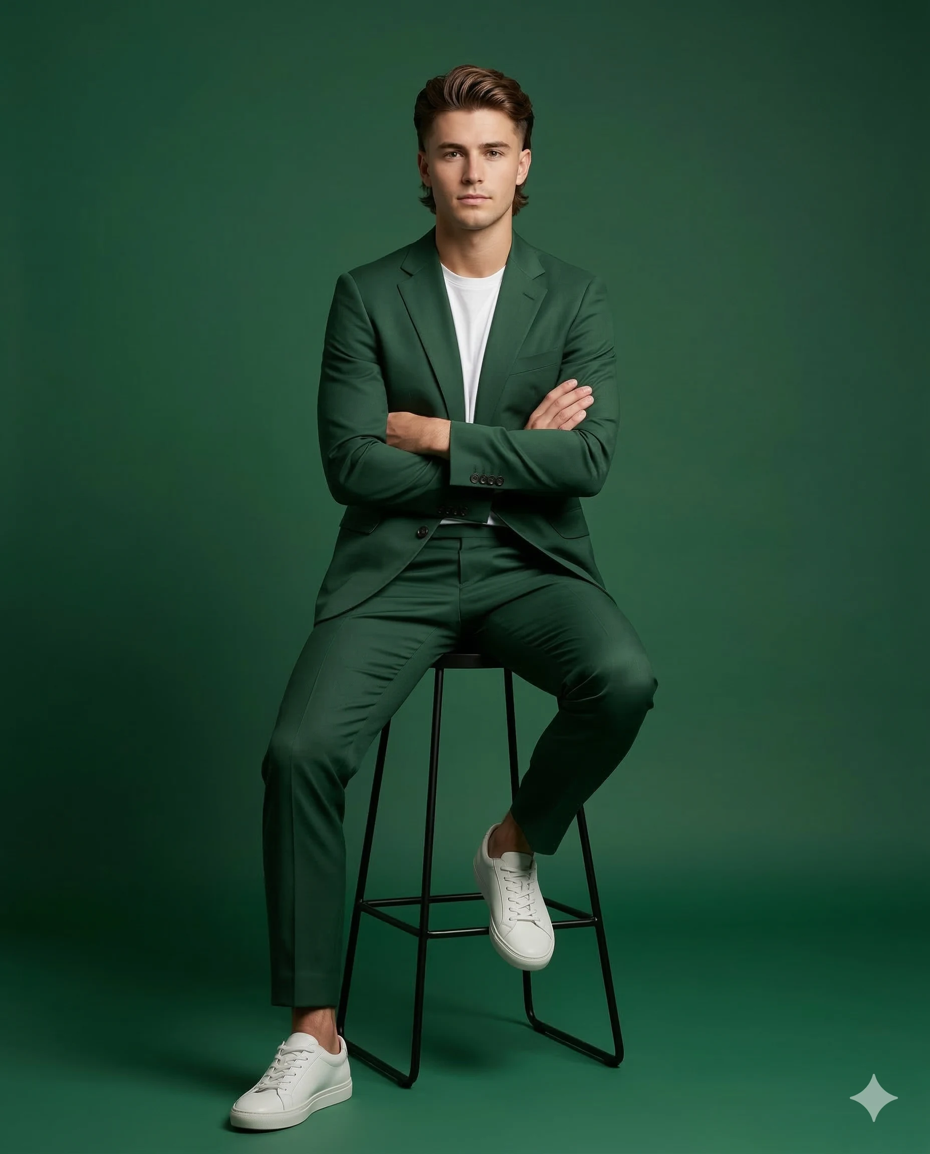 Man in a green suit and white sneakers seated on a black studio stool