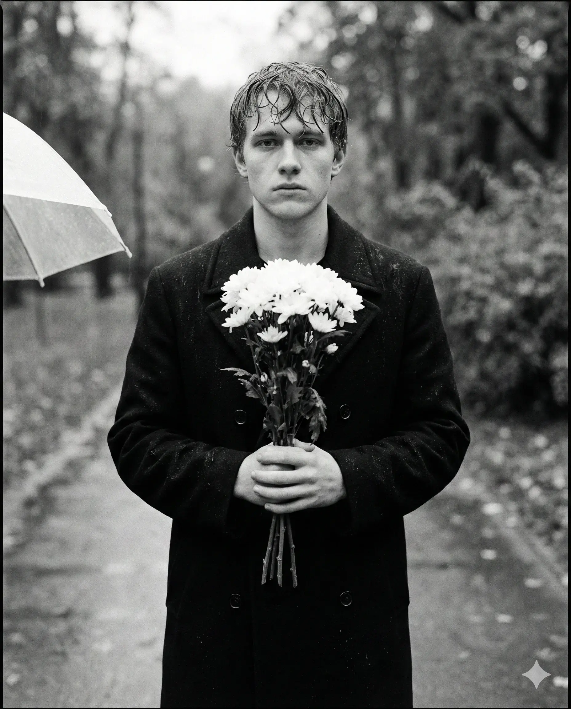 Rain-soaked man in a dark overcoat holding white flowers on a park path