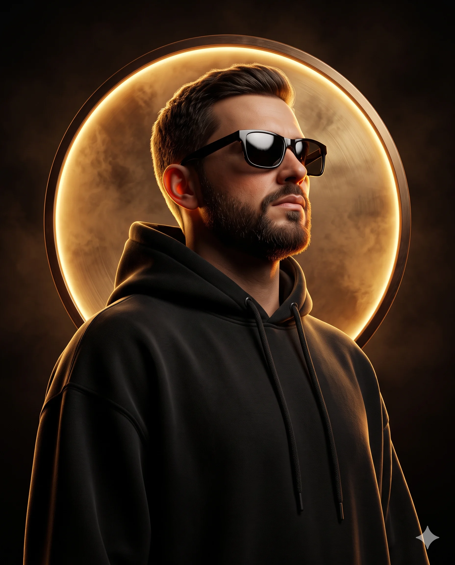 Man in a black hoodie and sunglasses framed by a glowing amber-gold disc