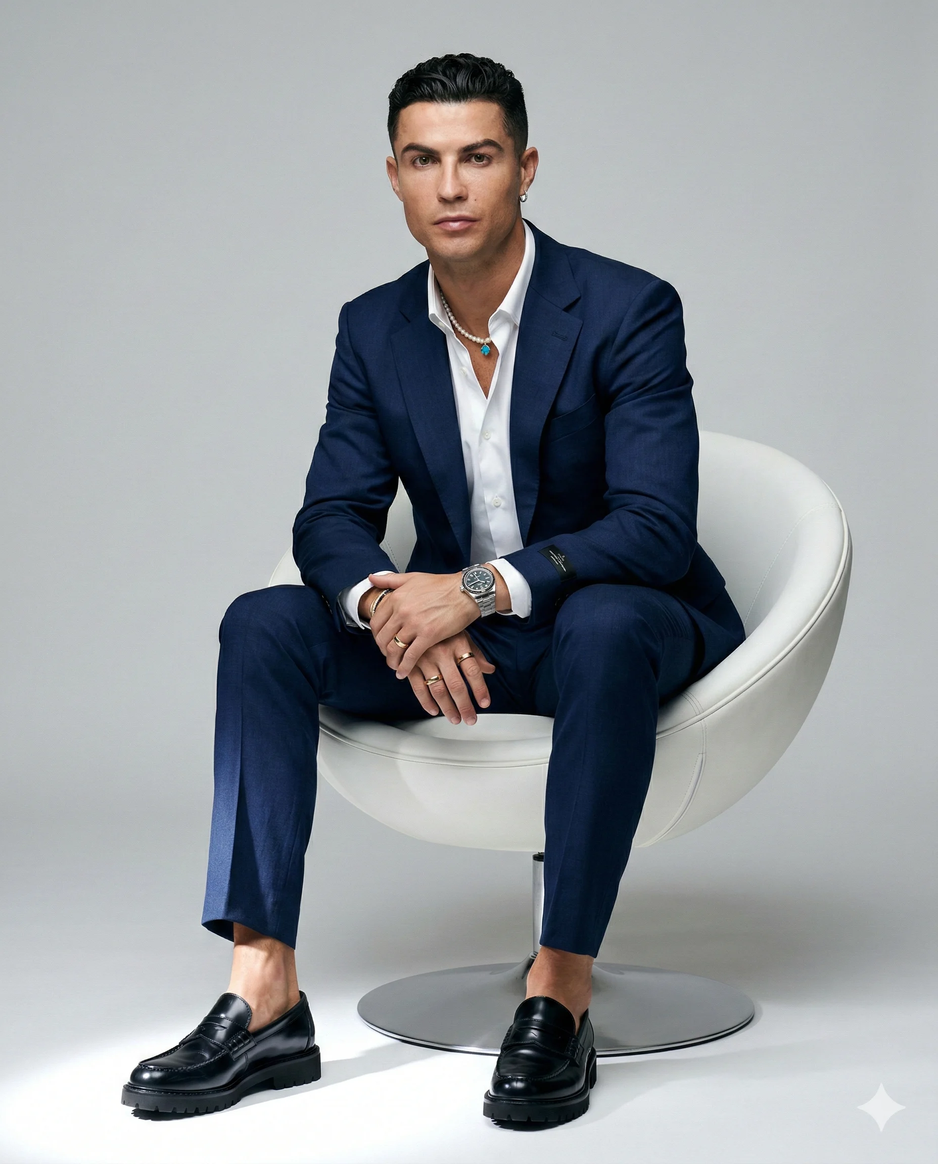 Man in a navy suit seated on a curved white pedestal chair in a gray studio