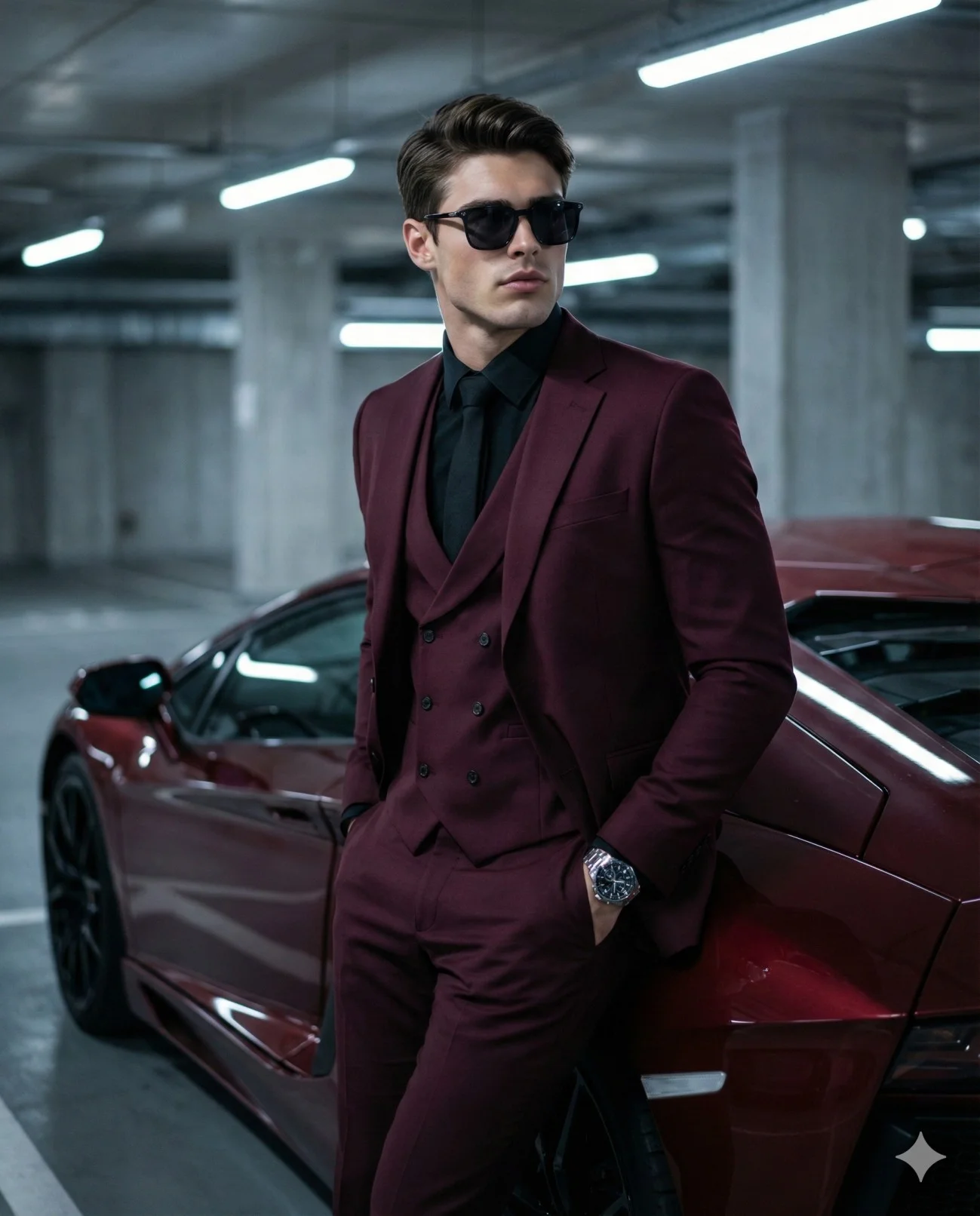 Man in a burgundy suit and sunglasses leaning beside a maroon supercar
