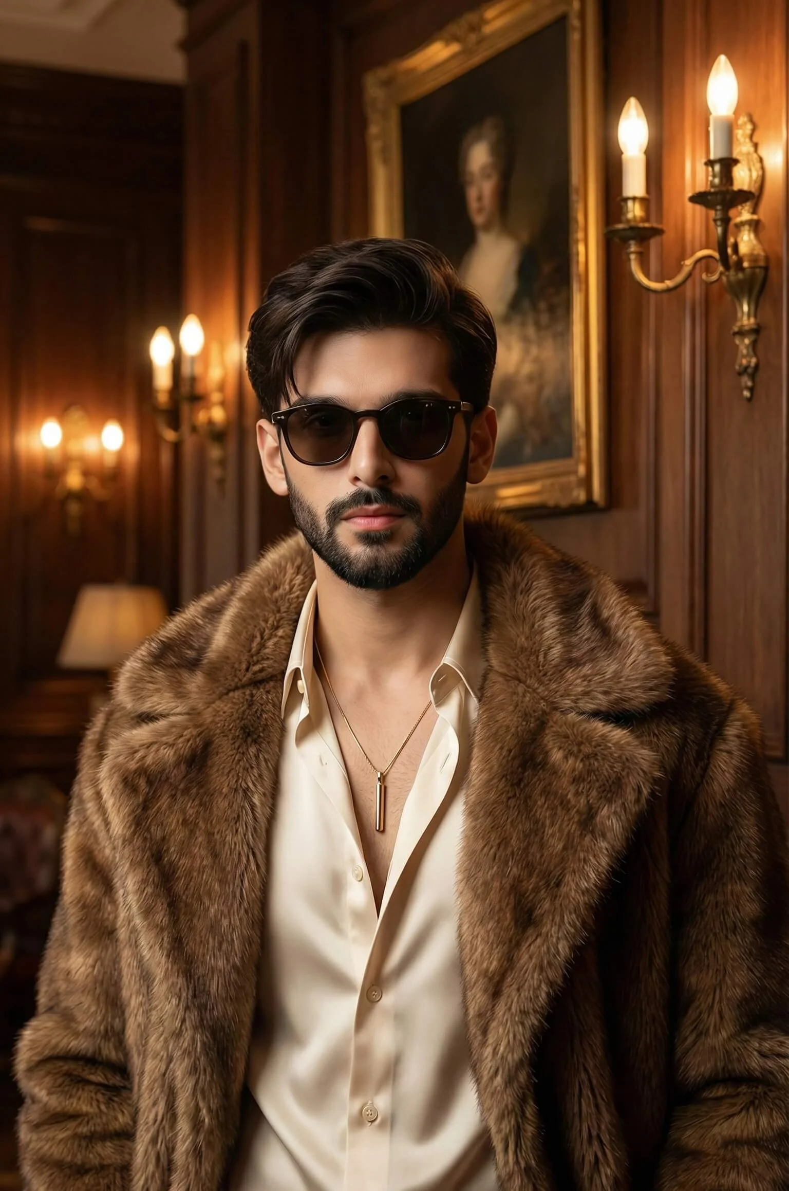 Man in an oversized brown fur coat and sunglasses standing in an ornate vintage interior