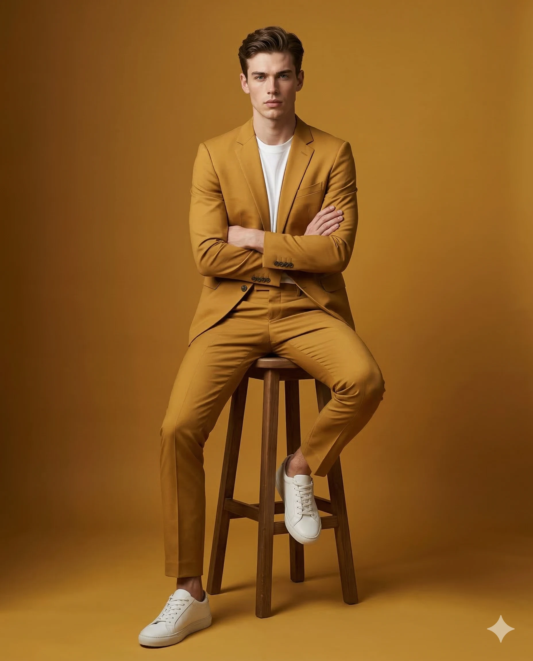Man in a mustard suit and white sneakers seated on a dark wooden stool