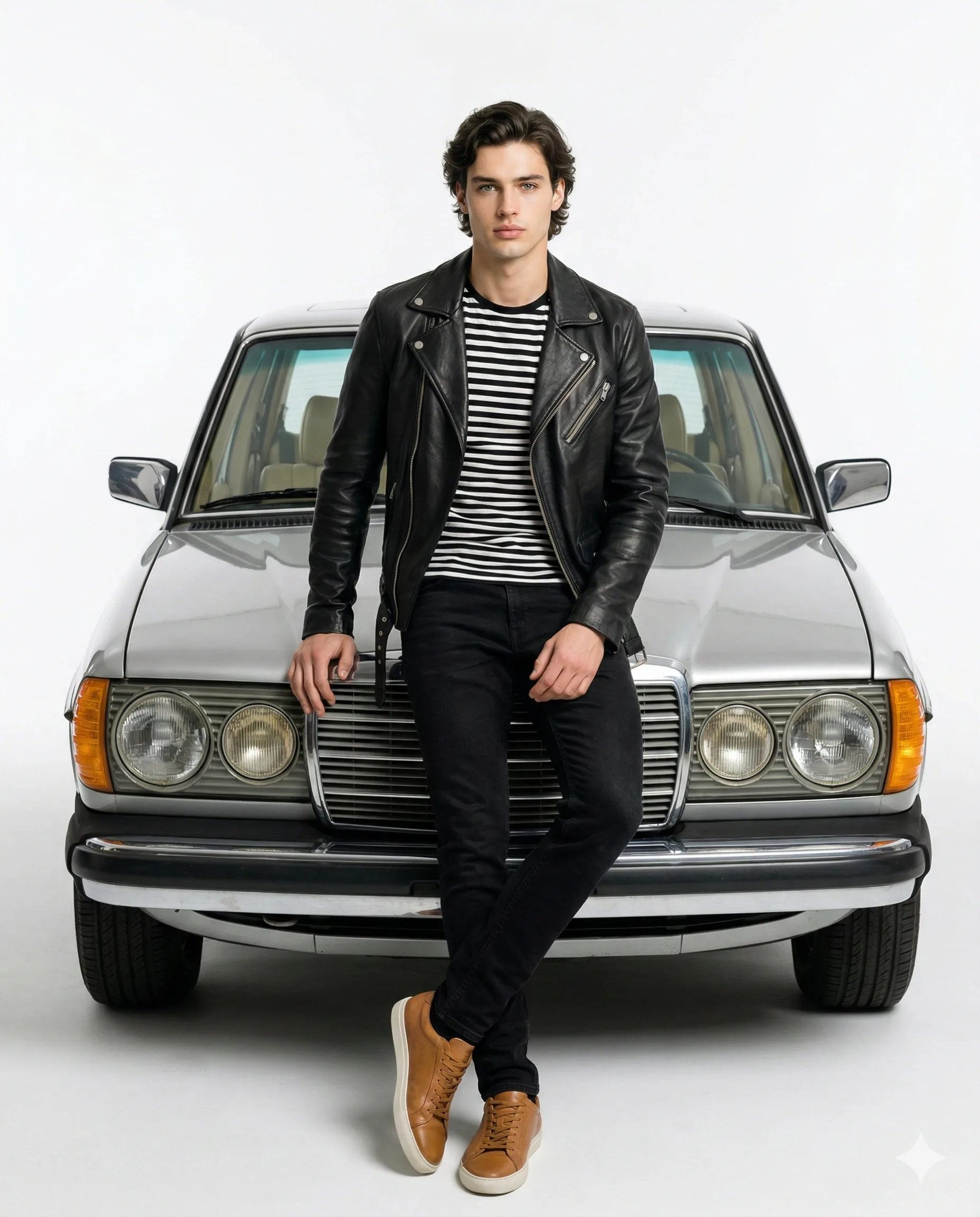 Man in a black leather jacket leaning on a silver vintage Mercedes-Benz