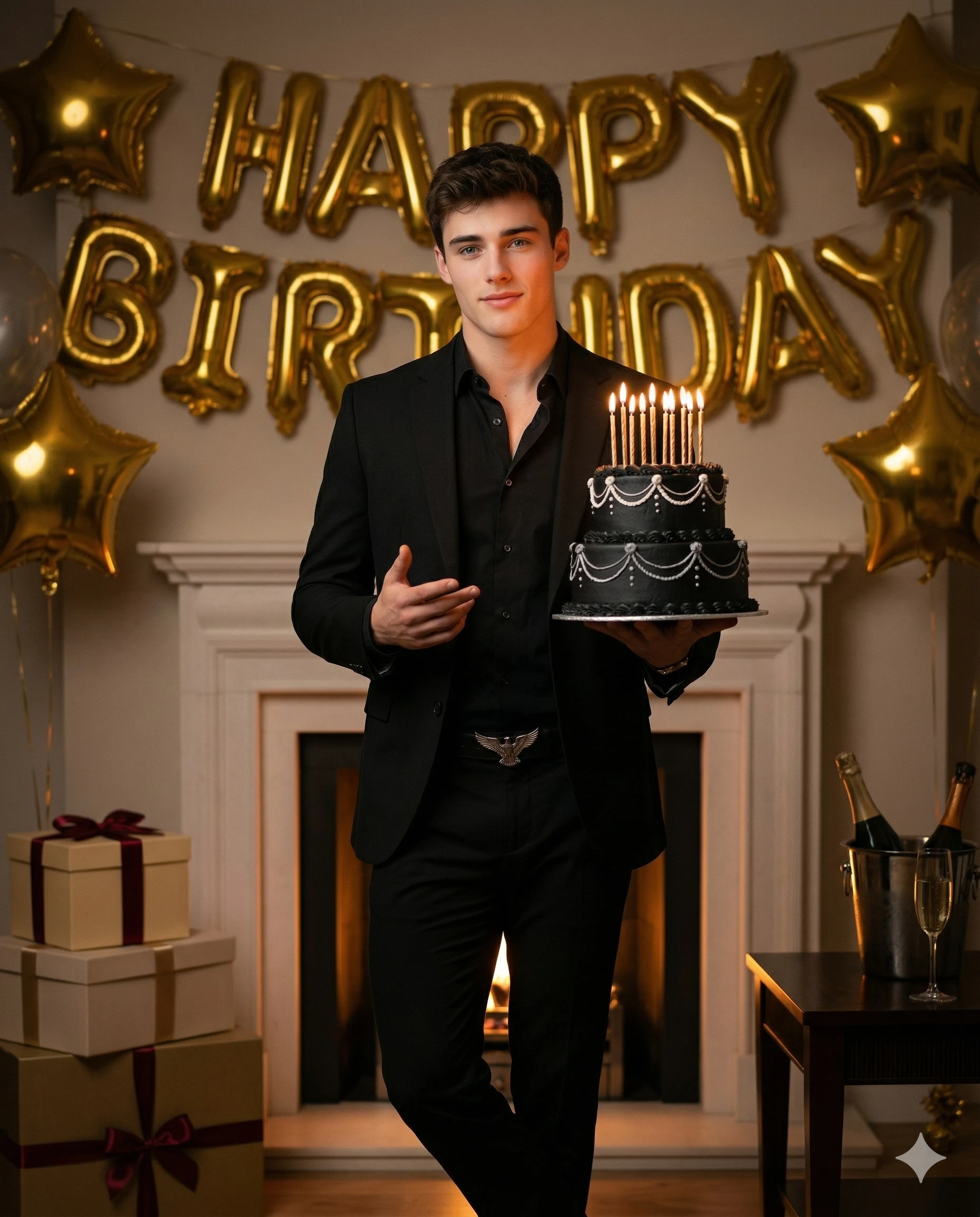 Man in black holding a birthday cake before gold balloons and a fireplace