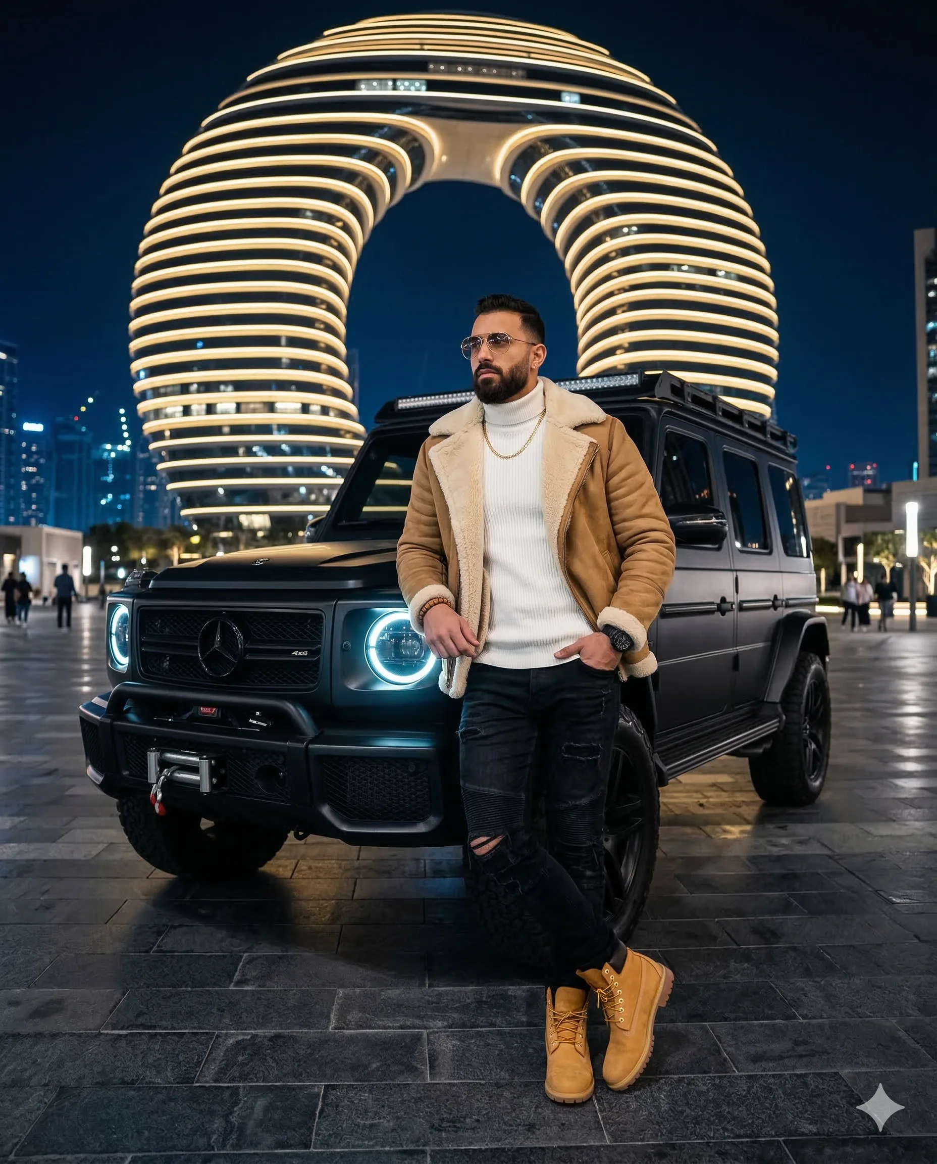 Man in a tan shearling jacket leaning on a black luxury SUV at night