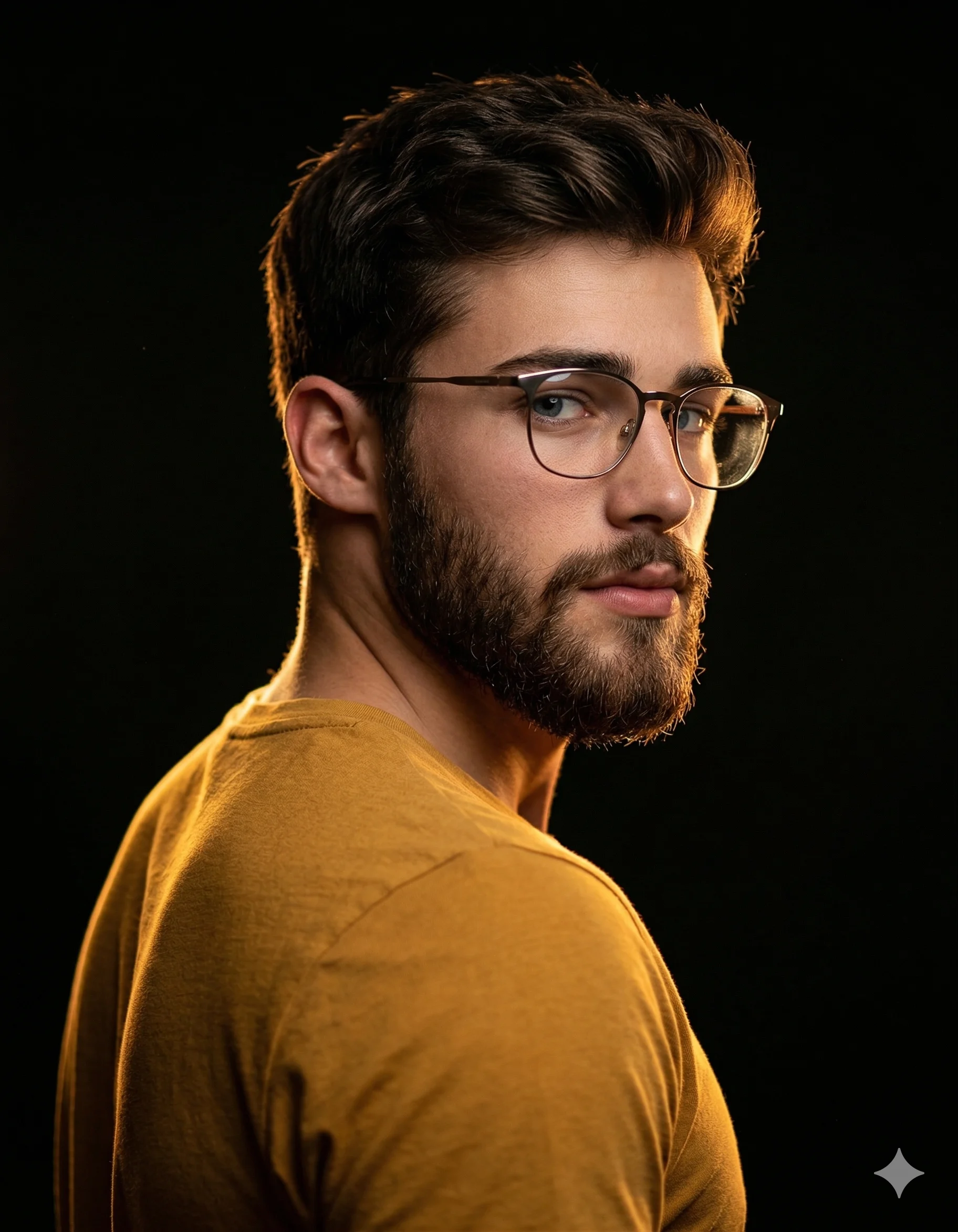 Man in a mustard-yellow shirt and thin glasses looking back over his shoulder