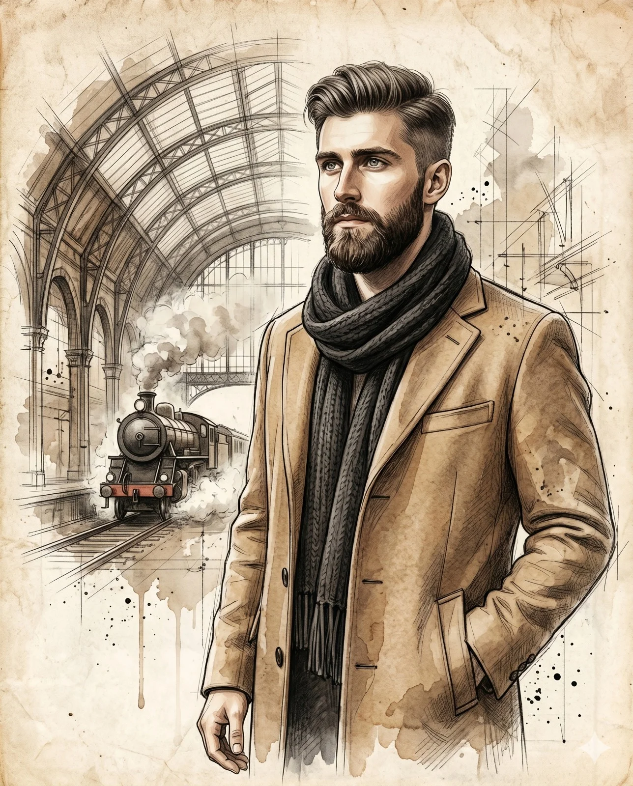 Bearded man in a camel overcoat illustrated beside a vintage steam train