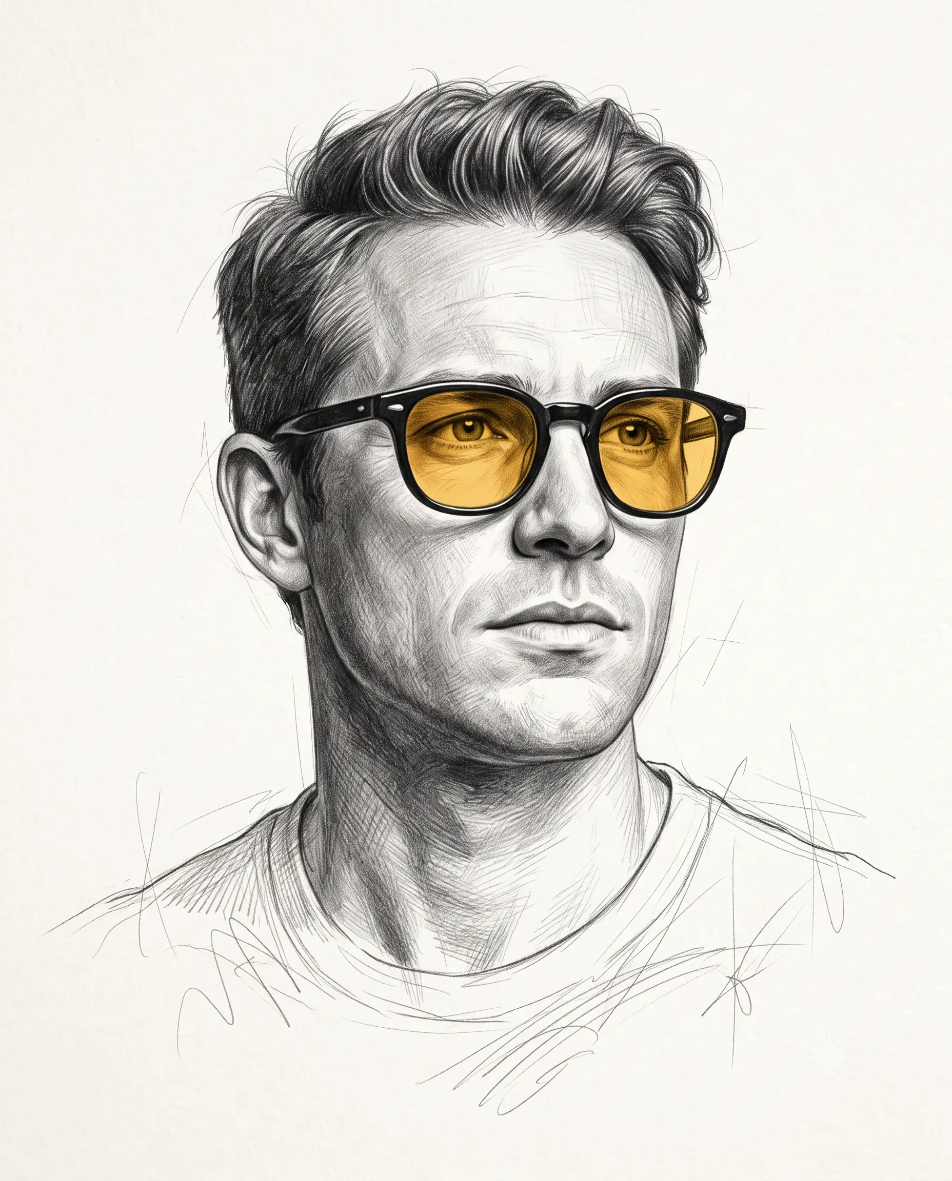 Graphite portrait of a man wearing translucent yellow glasses
