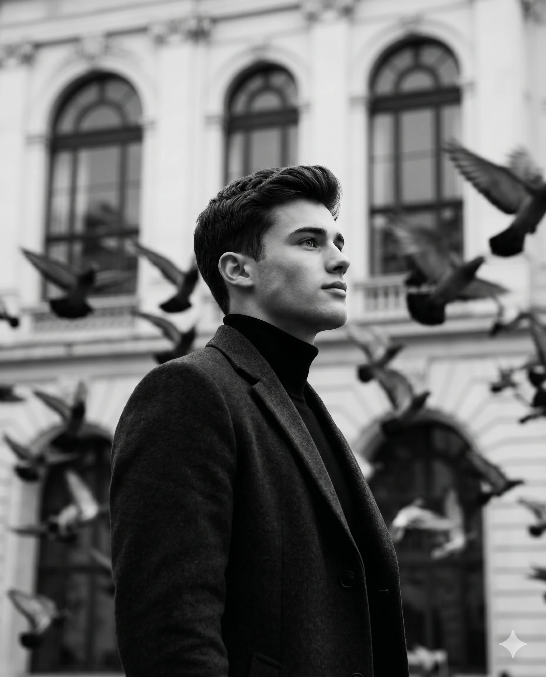 Man in a dark overcoat looking upward as pigeons fly around him