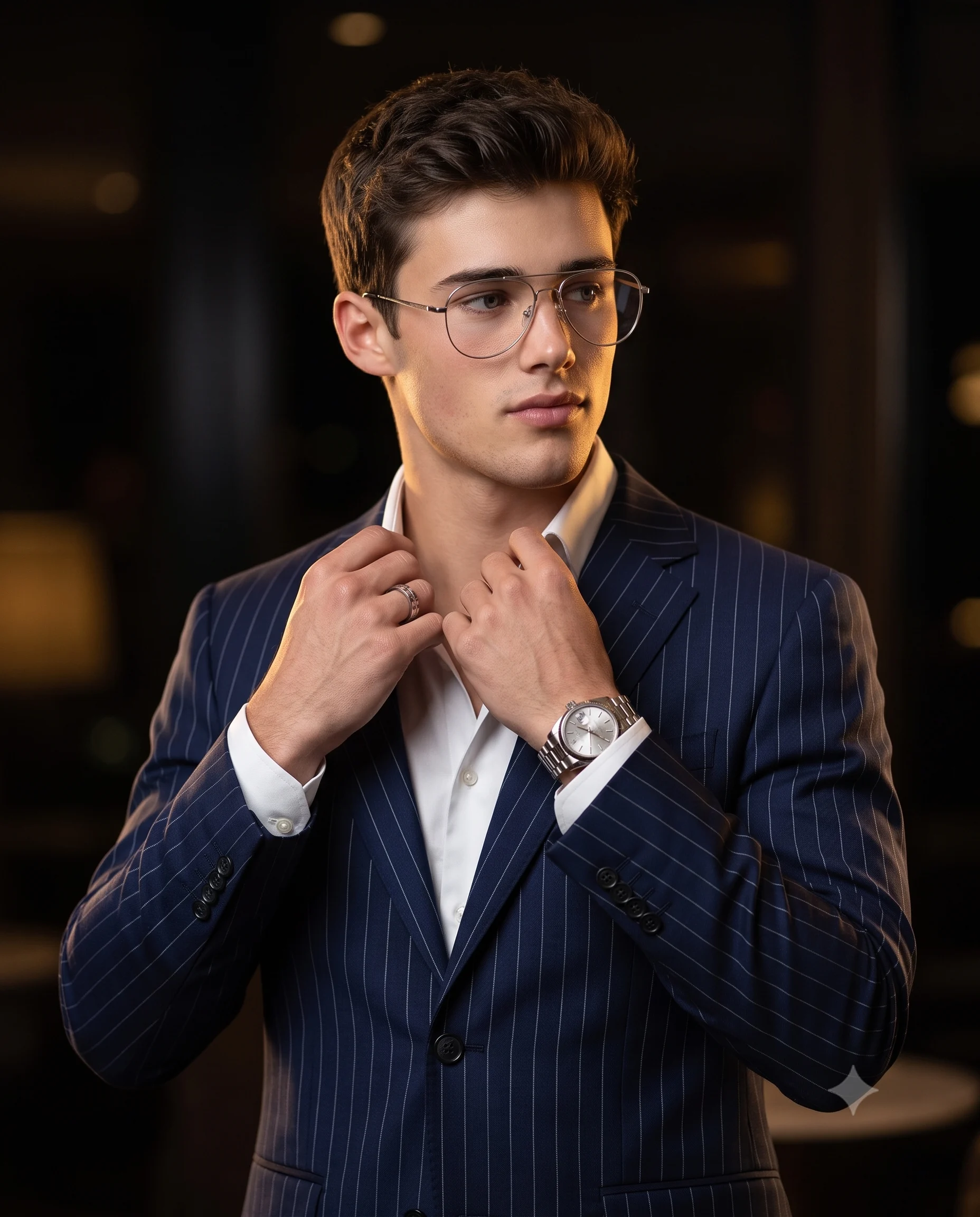 Man in a navy pinstripe suit and glasses adjusting his shirt collar