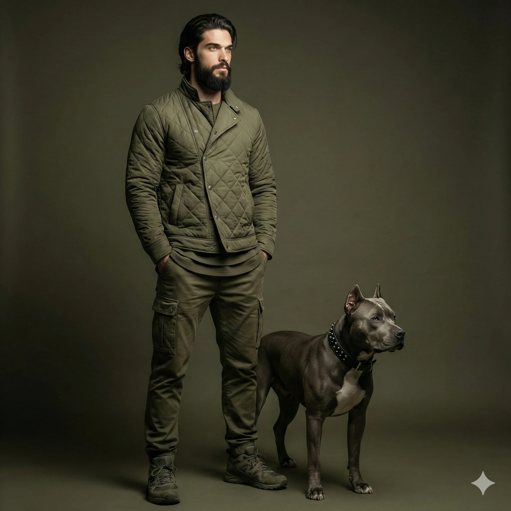Man in olive tactical clothing standing beside a gray pit bull