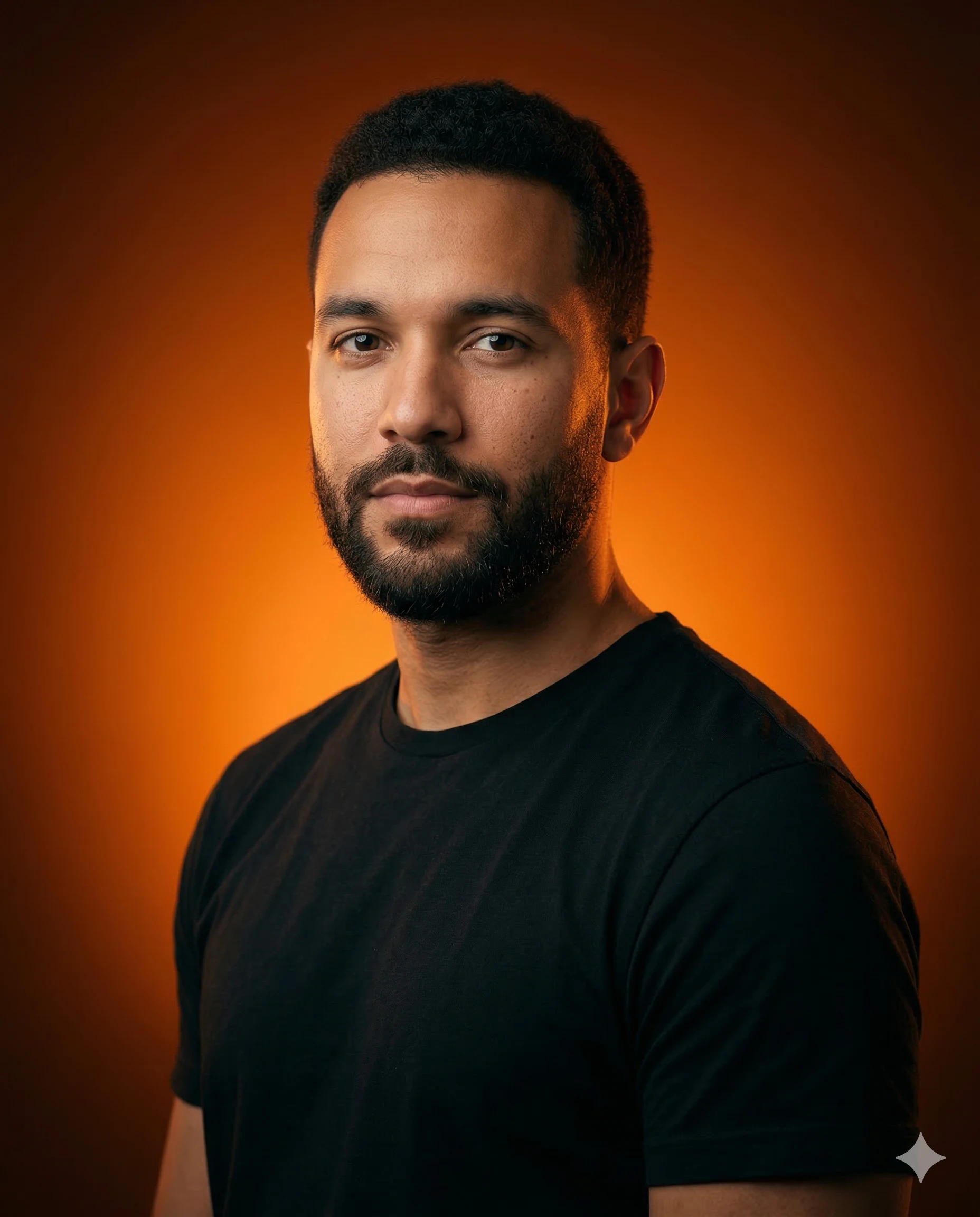 Man in a plain black T-shirt against a glowing orange studio background