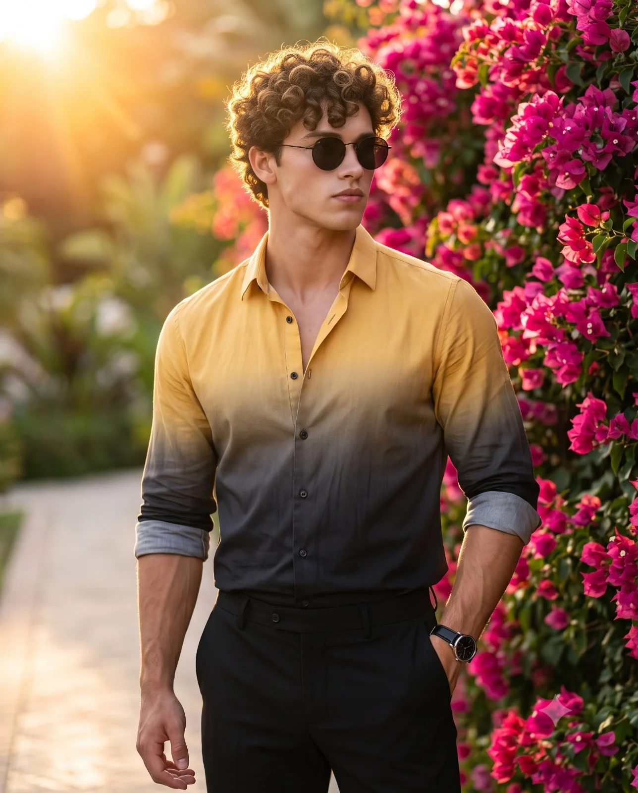 Man in sunglasses beside pink bougainvillea during golden hour