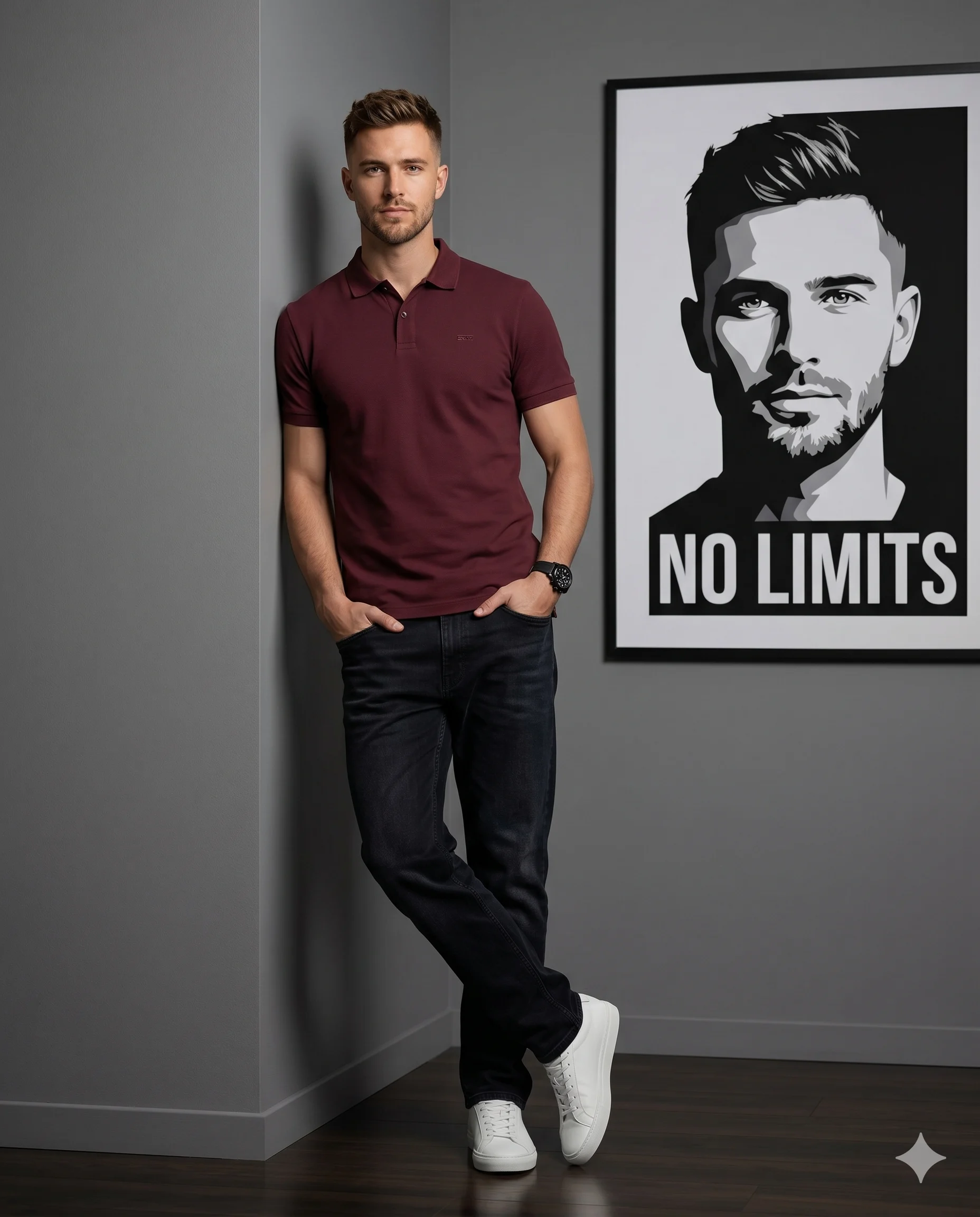 Man in a burgundy polo leaning beside a framed black-and-white NO LIMITS poster