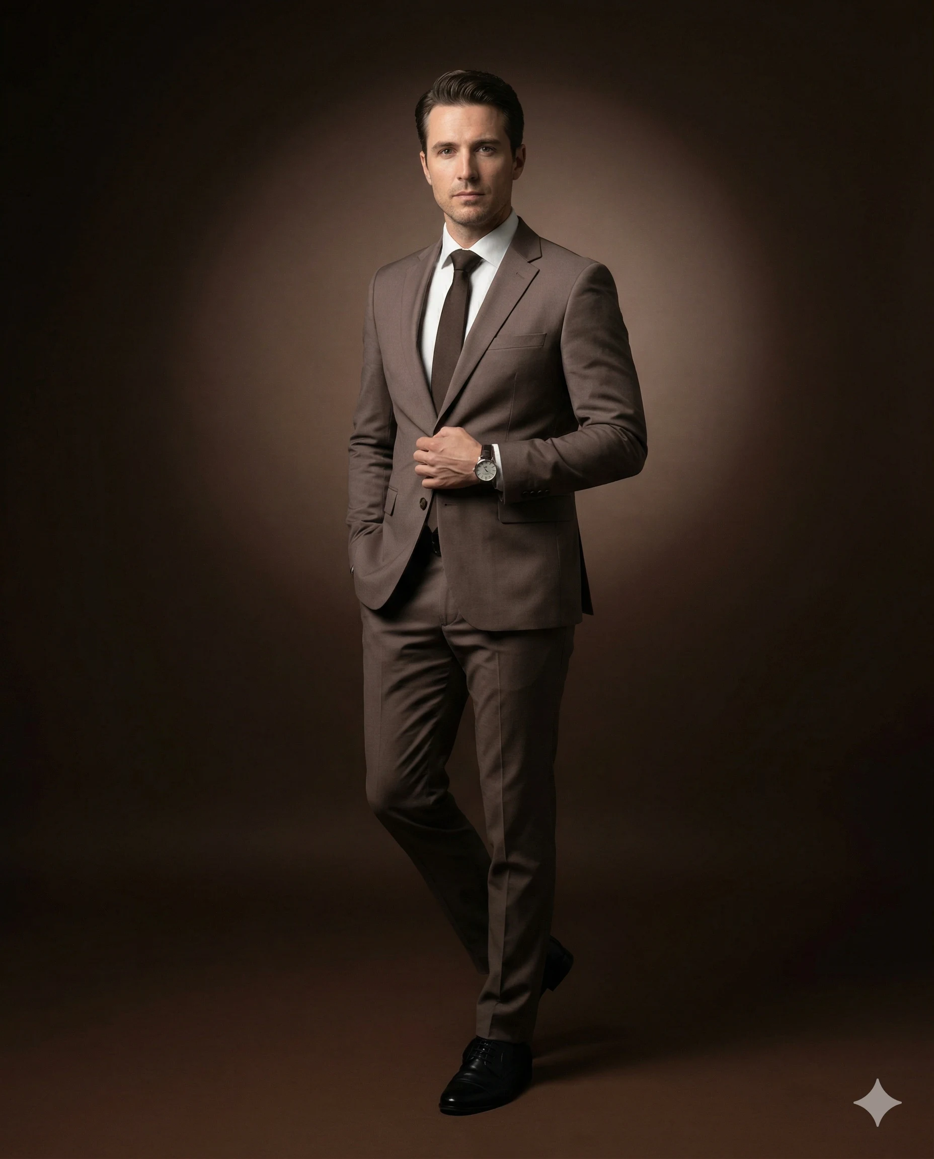 Confident man standing in a tailored brown suit against a softly lit dark backdrop